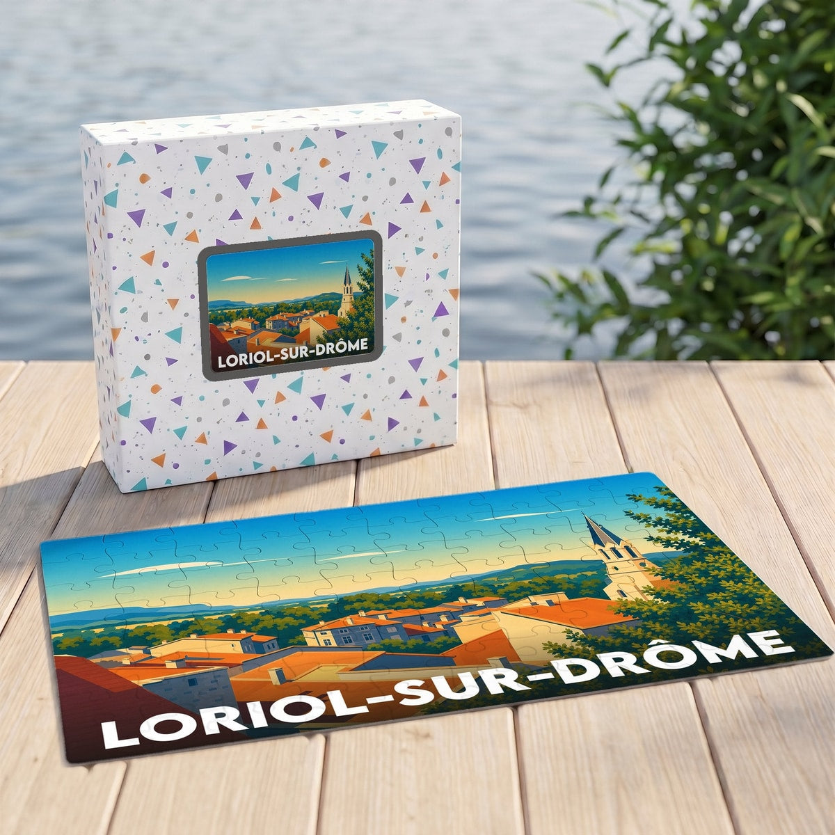 Puzzle souvenir de la ville de Loriol-sur-Drôme avec une illustration stylisée et colorée.