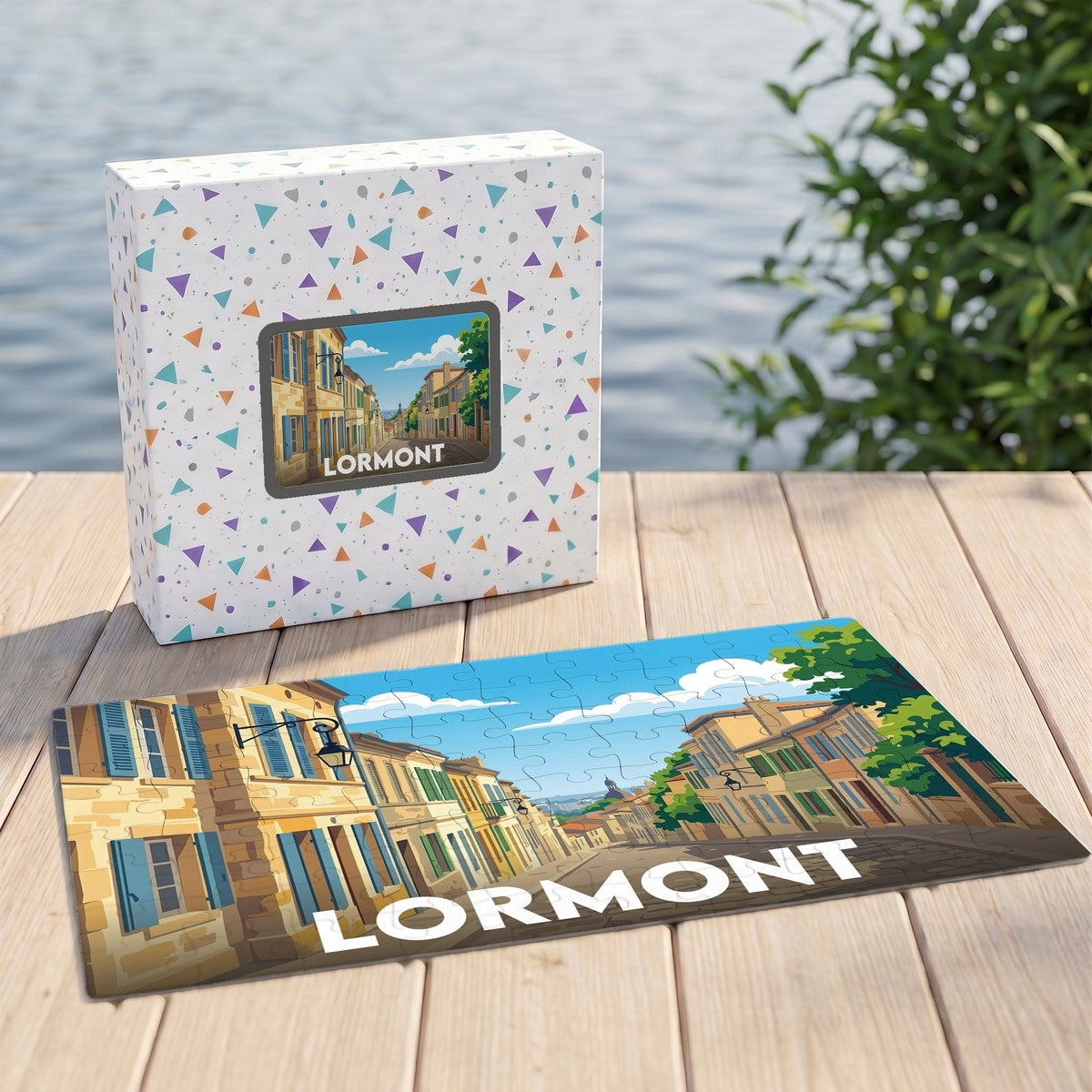 Puzzle souvenir de la ville de Lormont avec une illustration stylisée d'une rue pittoresque.