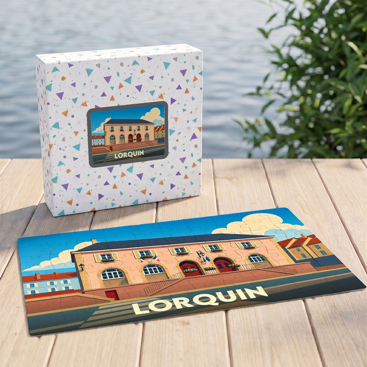 Puzzle souvenir de la ville de Lorquin avec une illustration stylisée de son hôtel de ville.