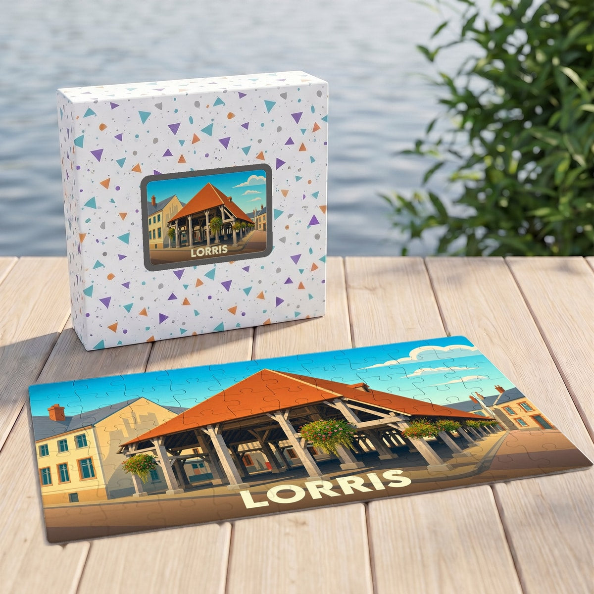 Puzzle souvenir de la ville de Lorris avec une illustration stylisée de ses halles historiques.