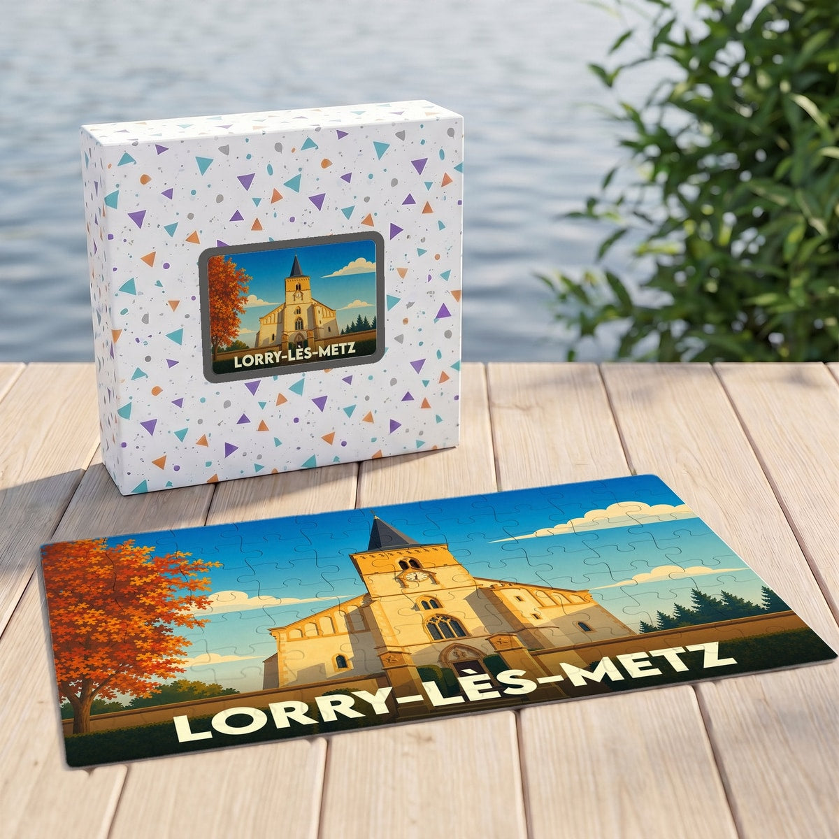 Puzzle souvenir de la ville de Lorry-lès-Metz avec une illustration stylisée de son église.