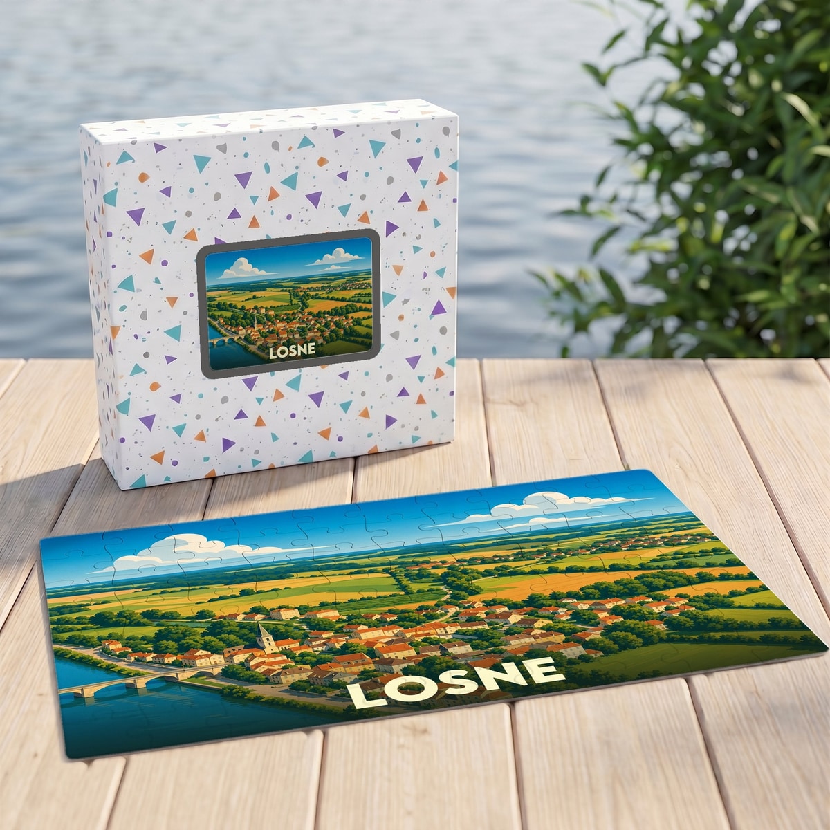 Puzzle souvenir de la ville de Losne avec une illustration panoramique stylisée.
