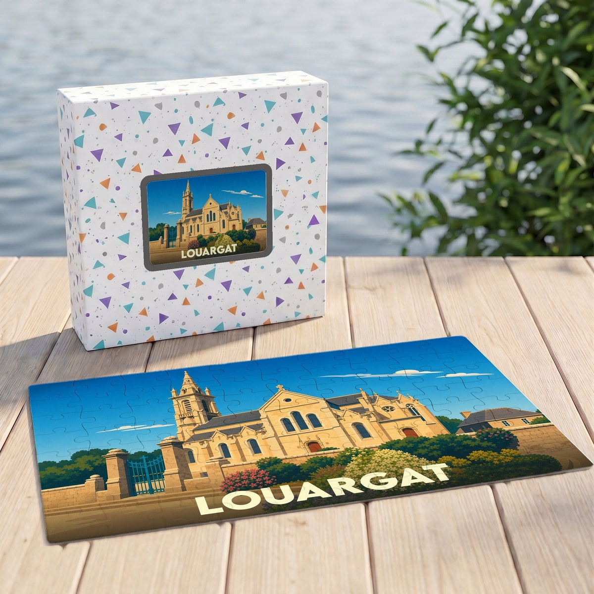 Puzzle souvenir de la ville de Louargat avec une illustration stylisée de son église.