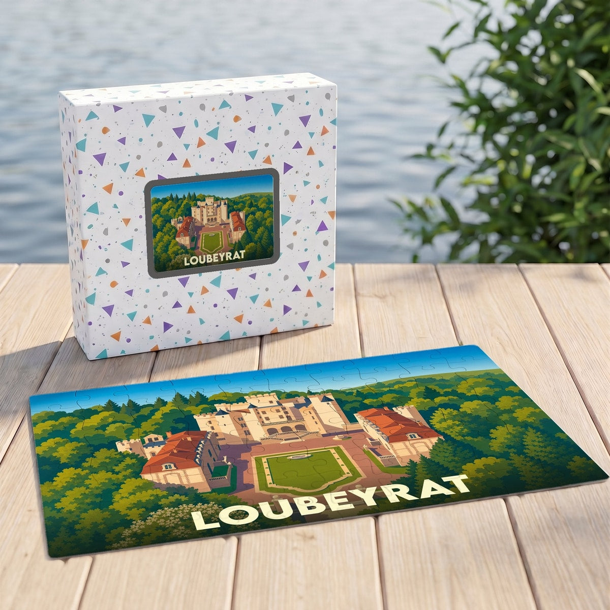 Puzzle souvenir de la ville de Loubeyrat avec une illustration stylisée d'un château.