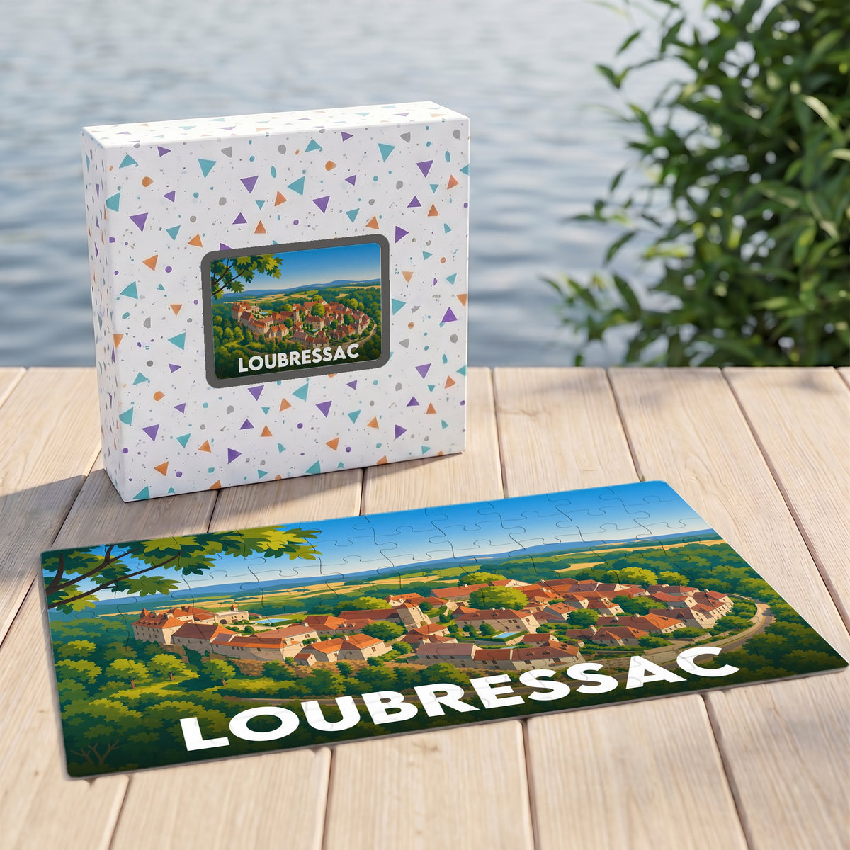Puzzle souvenir de la ville de Loubressac avec une illustration paysagère stylisée, présenté devant sa boîte sur un ponton en bois.