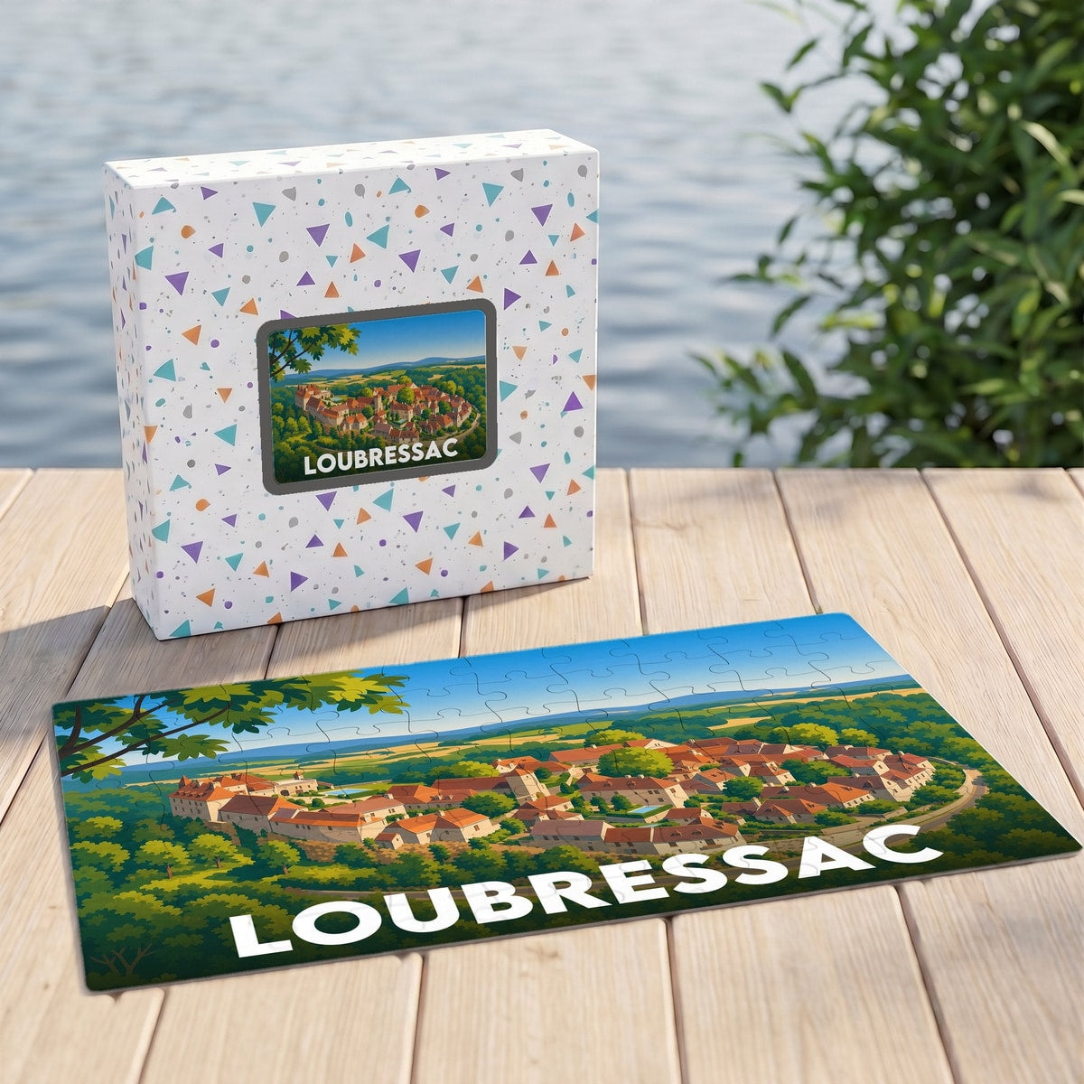 Puzzle souvenir de la ville de Loubressac avec une illustration paysagère stylisée, présenté devant sa boîte sur un ponton en bois.