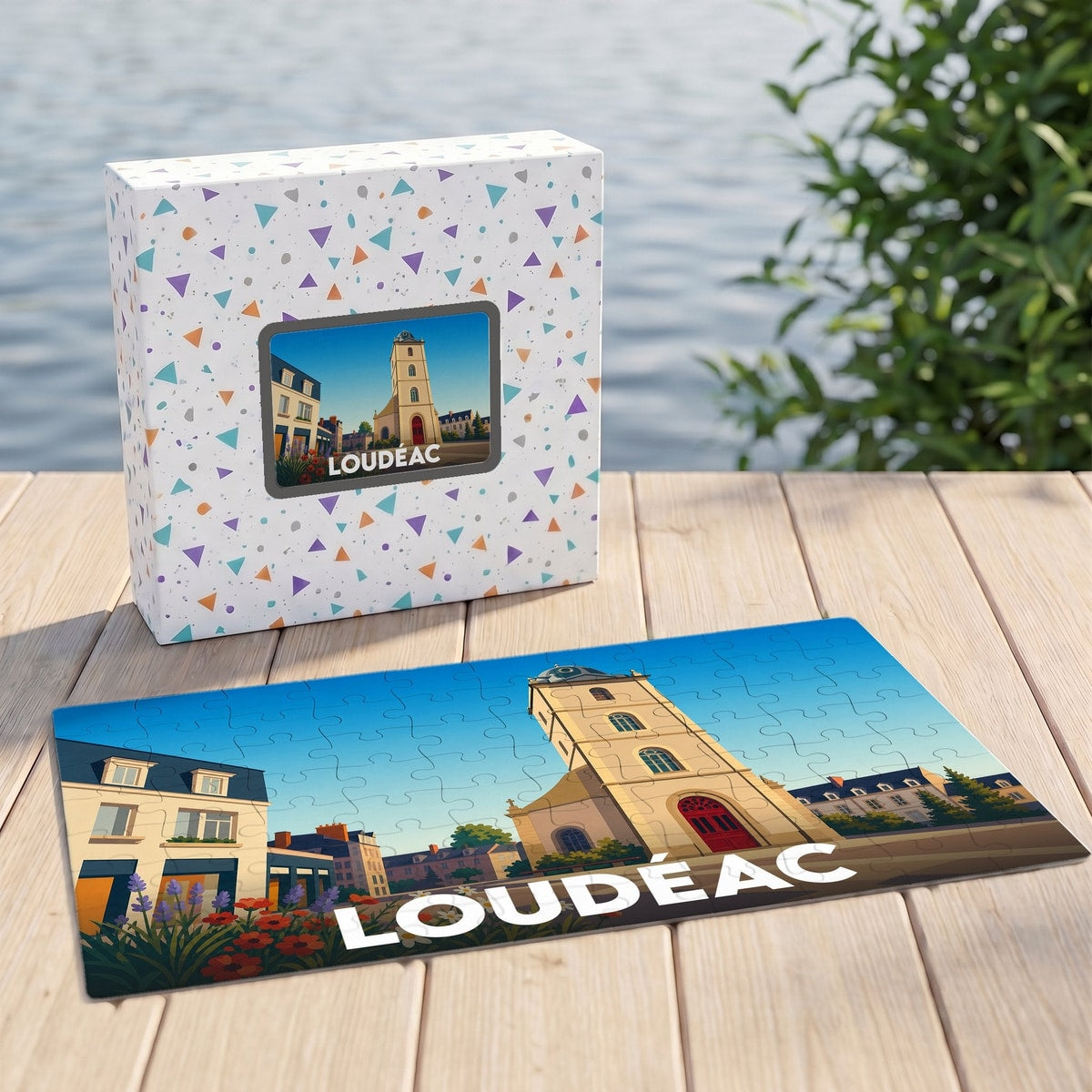 Puzzle souvenir de la ville de Loudéac avec une illustration stylisée d'un clocher et de maisons.