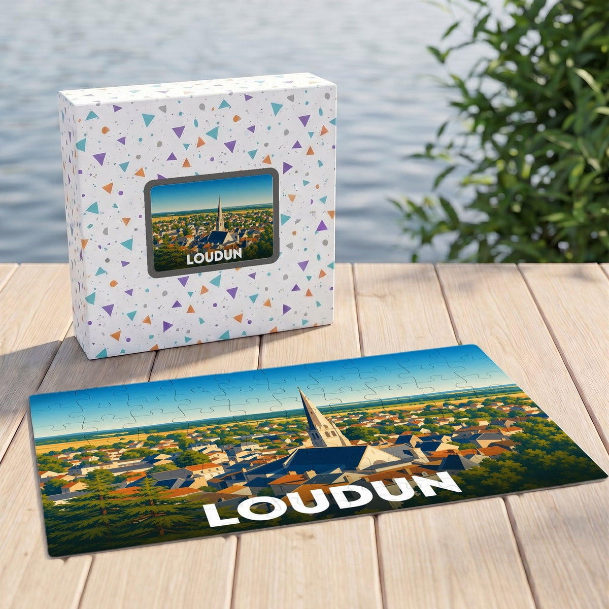 Puzzle souvenir de la ville de Loudun avec une illustration stylisée et colorée.