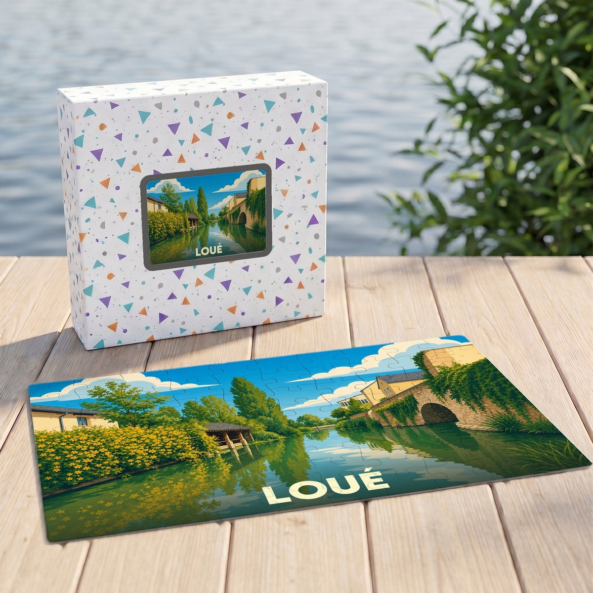 Puzzle souvenir de la ville de Loué représentant un paysage fluvial illustré.