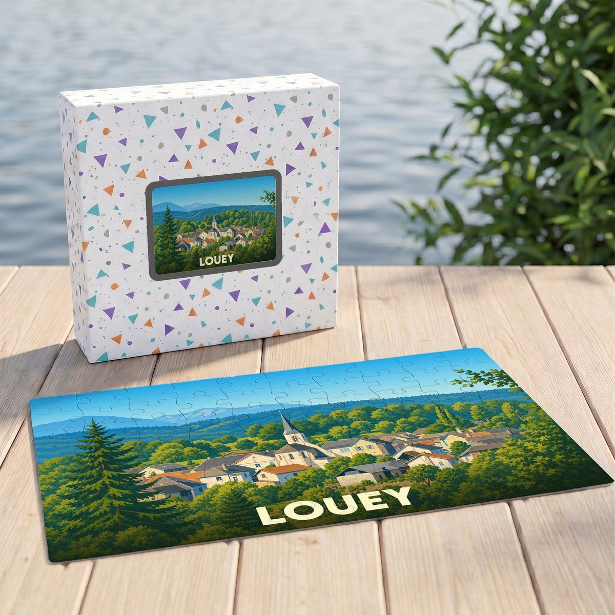 Puzzle souvenir de la ville de Louey avec une illustration stylisée de son paysage urbain.