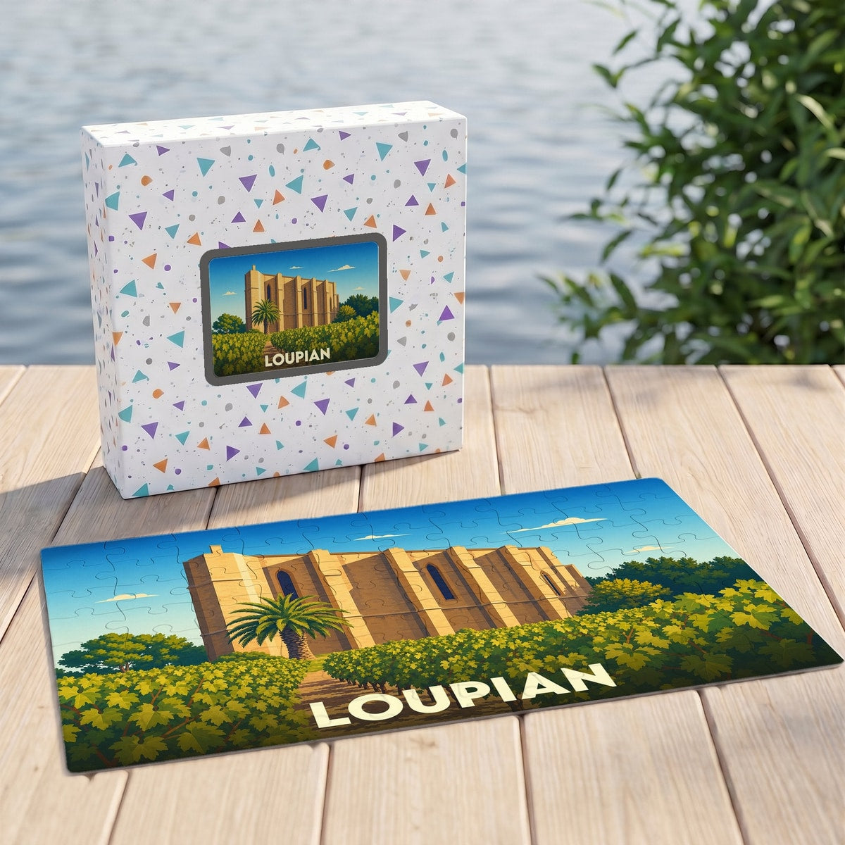 Puzzle souvenir de la ville de Loupian avec une illustration stylisée de son église et de ses vignes.