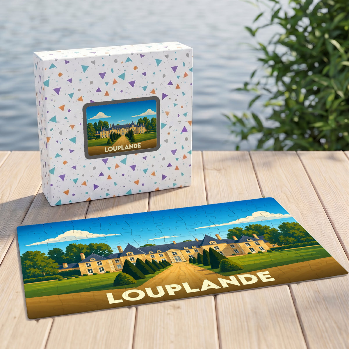 Puzzle souvenir de la ville de Louplande avec une illustration stylisée de son château.