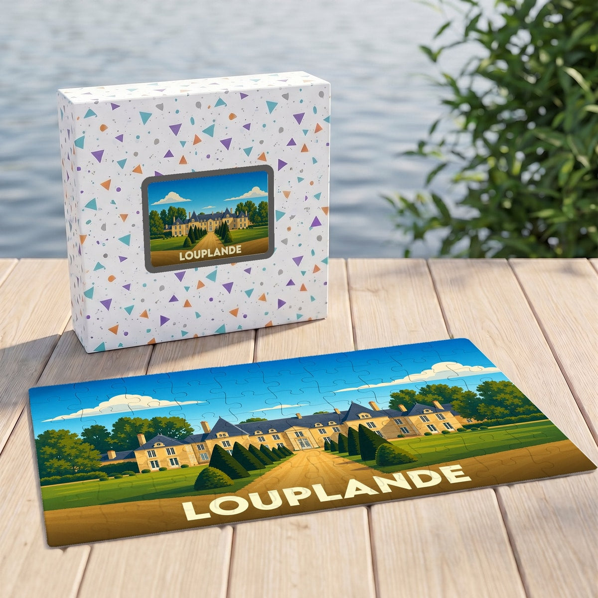 Puzzle souvenir de la ville de Louplande avec une illustration stylisée de son château.