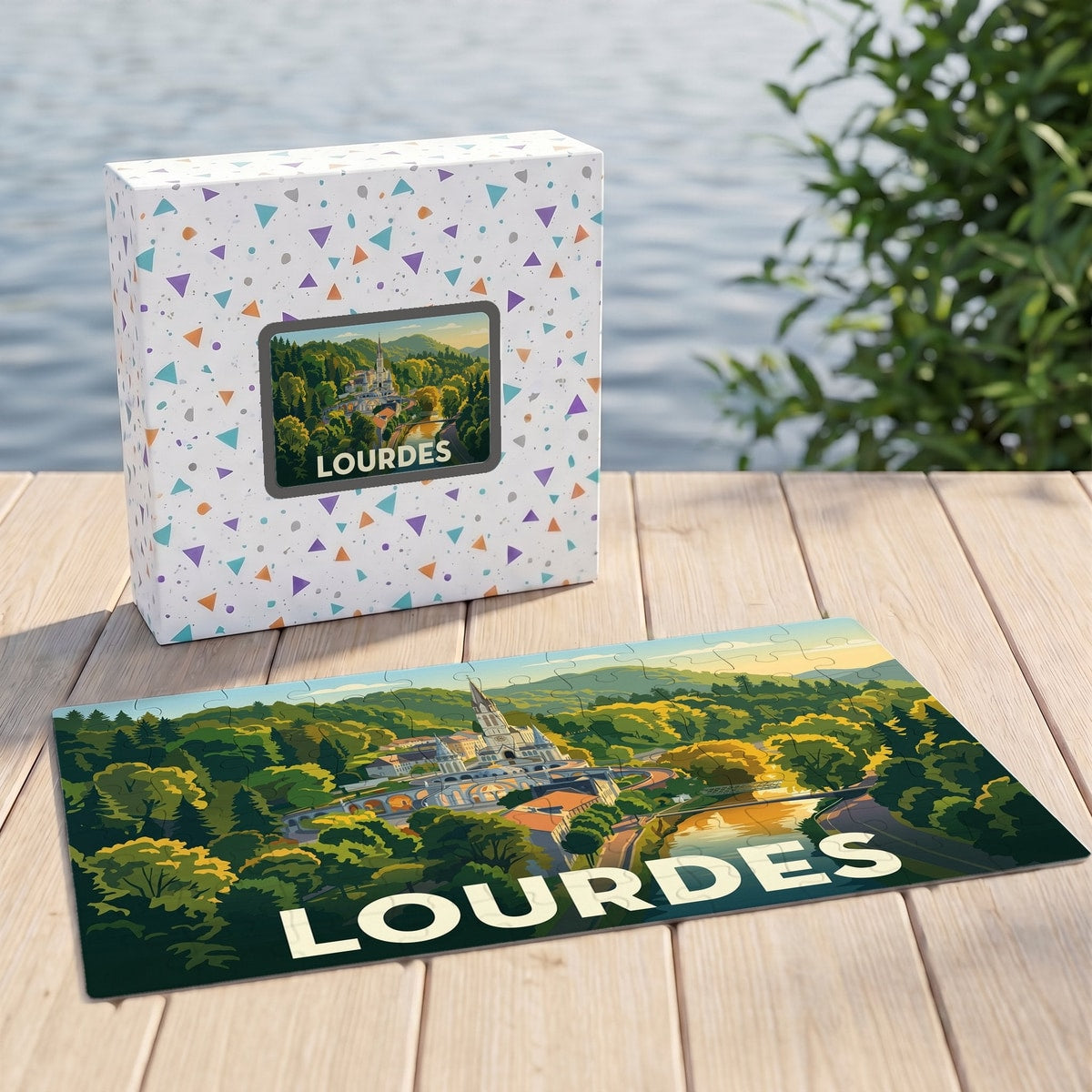 Puzzle souvenir de la ville de Lourdes avec une illustration paysagère stylisée.