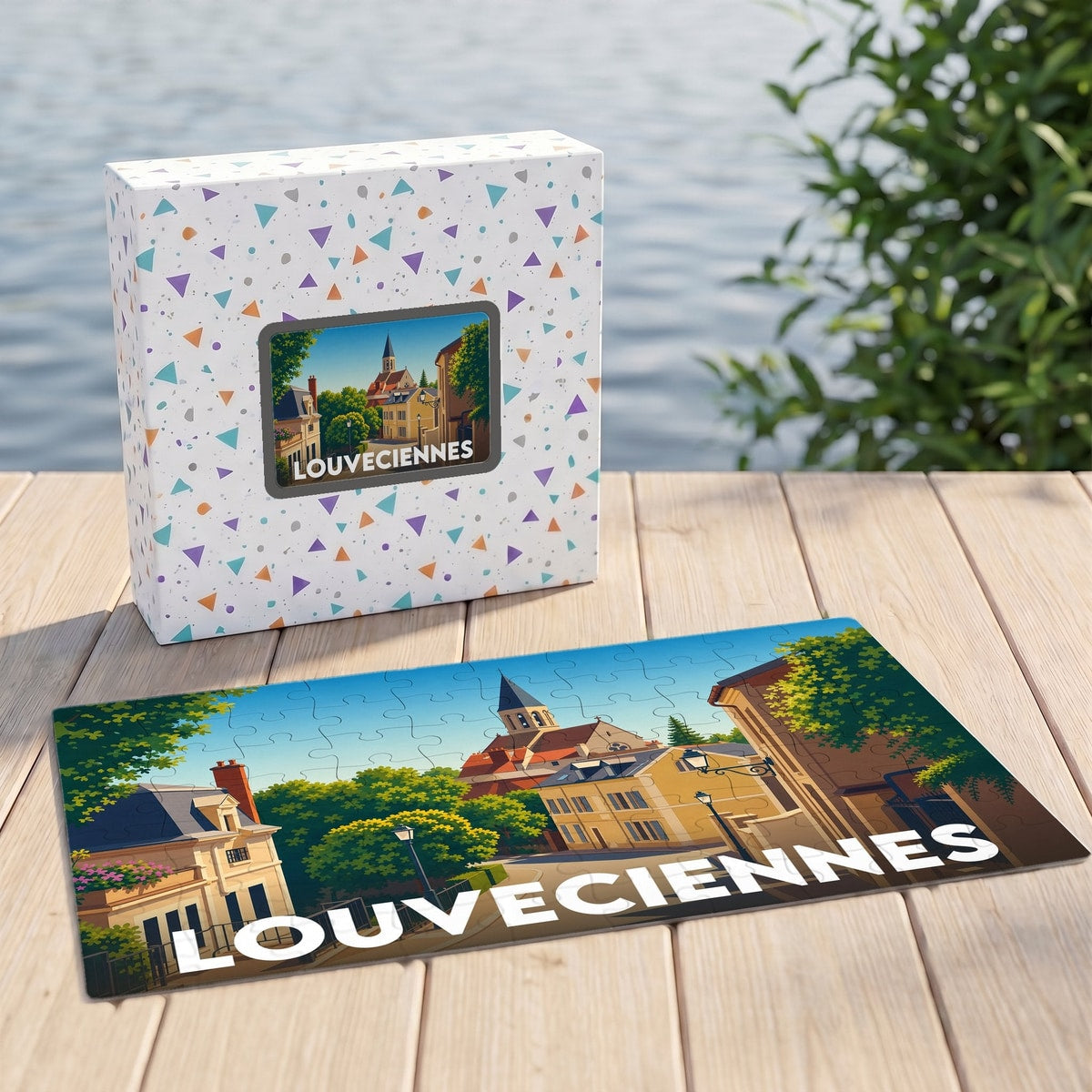 Puzzle souvenir de la ville de Louveciennes avec une illustration stylisée et colorée.