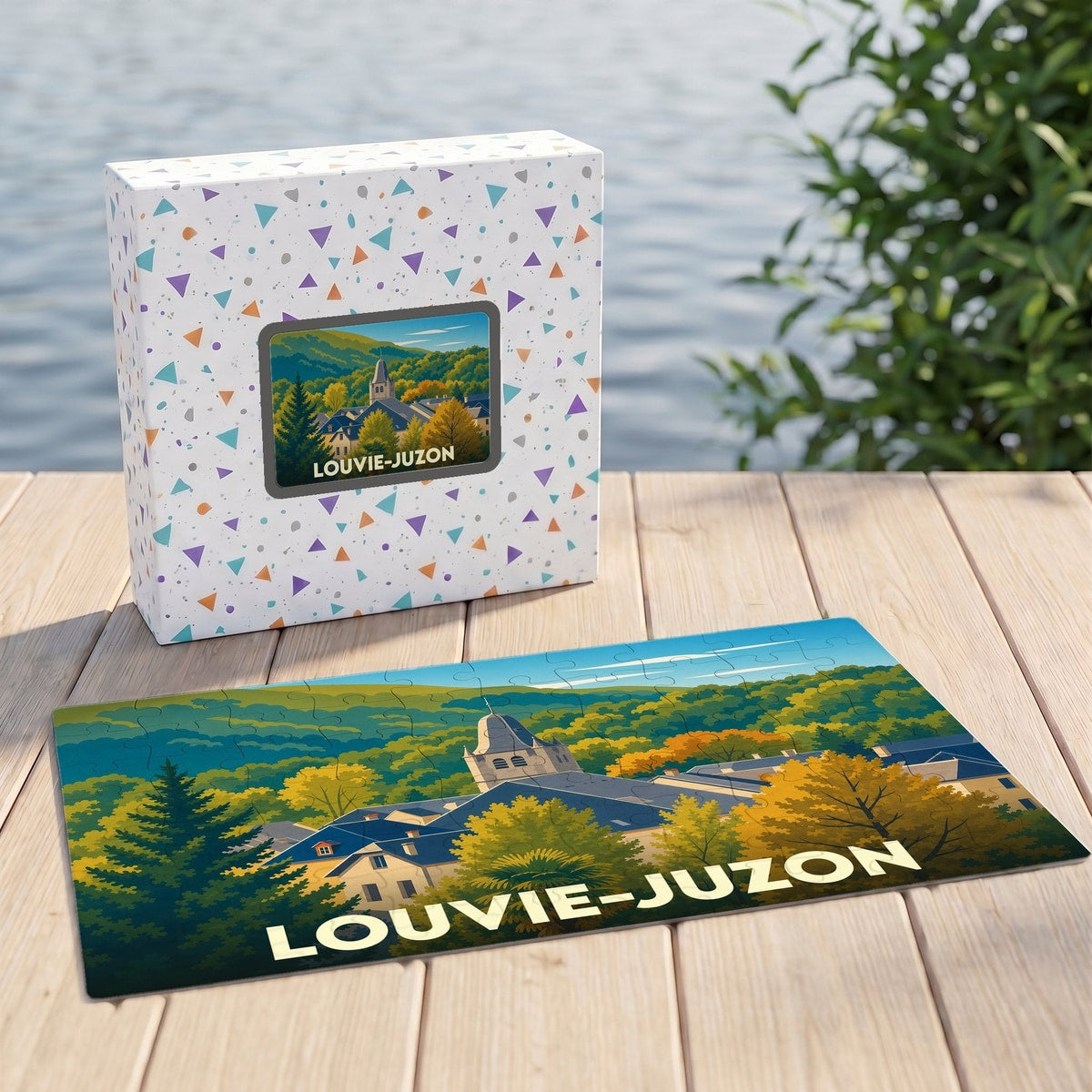 Puzzle souvenir de la ville de Louvie-Juzon avec une illustration stylisée de son paysage et de son église.