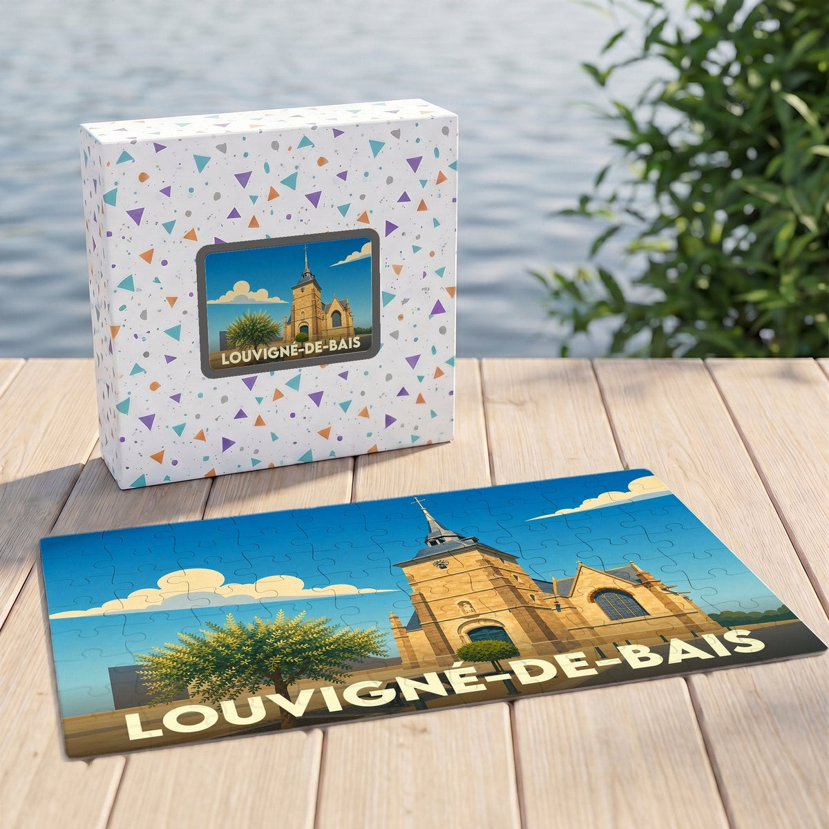 Puzzle souvenir de la ville de Louvigné-de-Bais avec une illustration stylisée de son église.