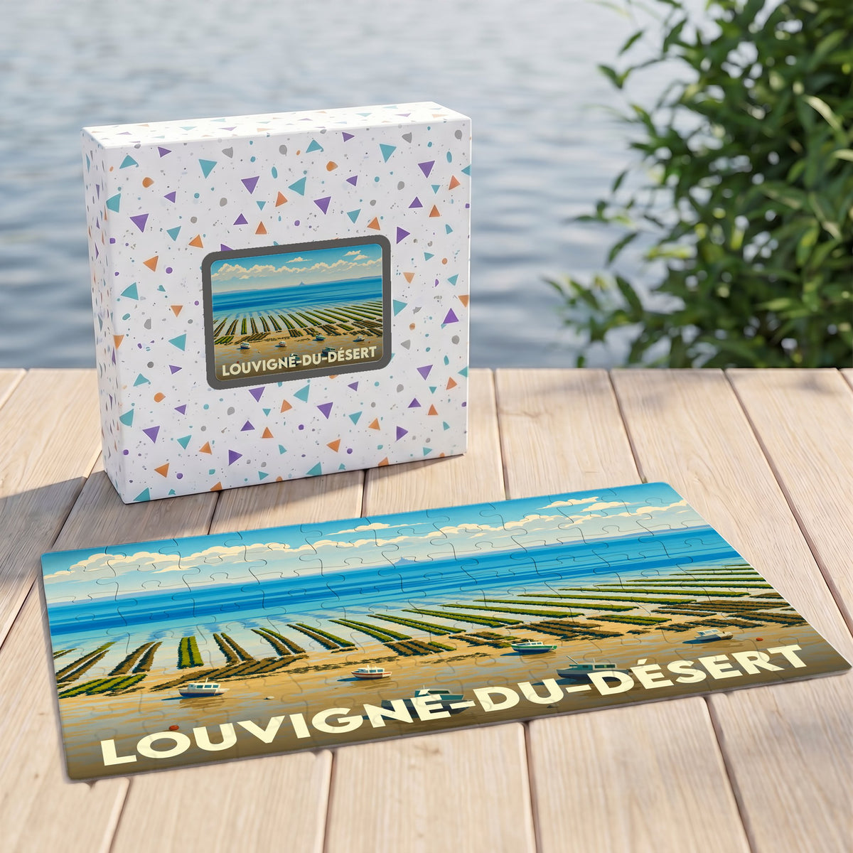 Puzzle souvenir de la ville de Louvigné-du-Désert avec une illustration stylisée de parcs à huîtres en bord de mer.