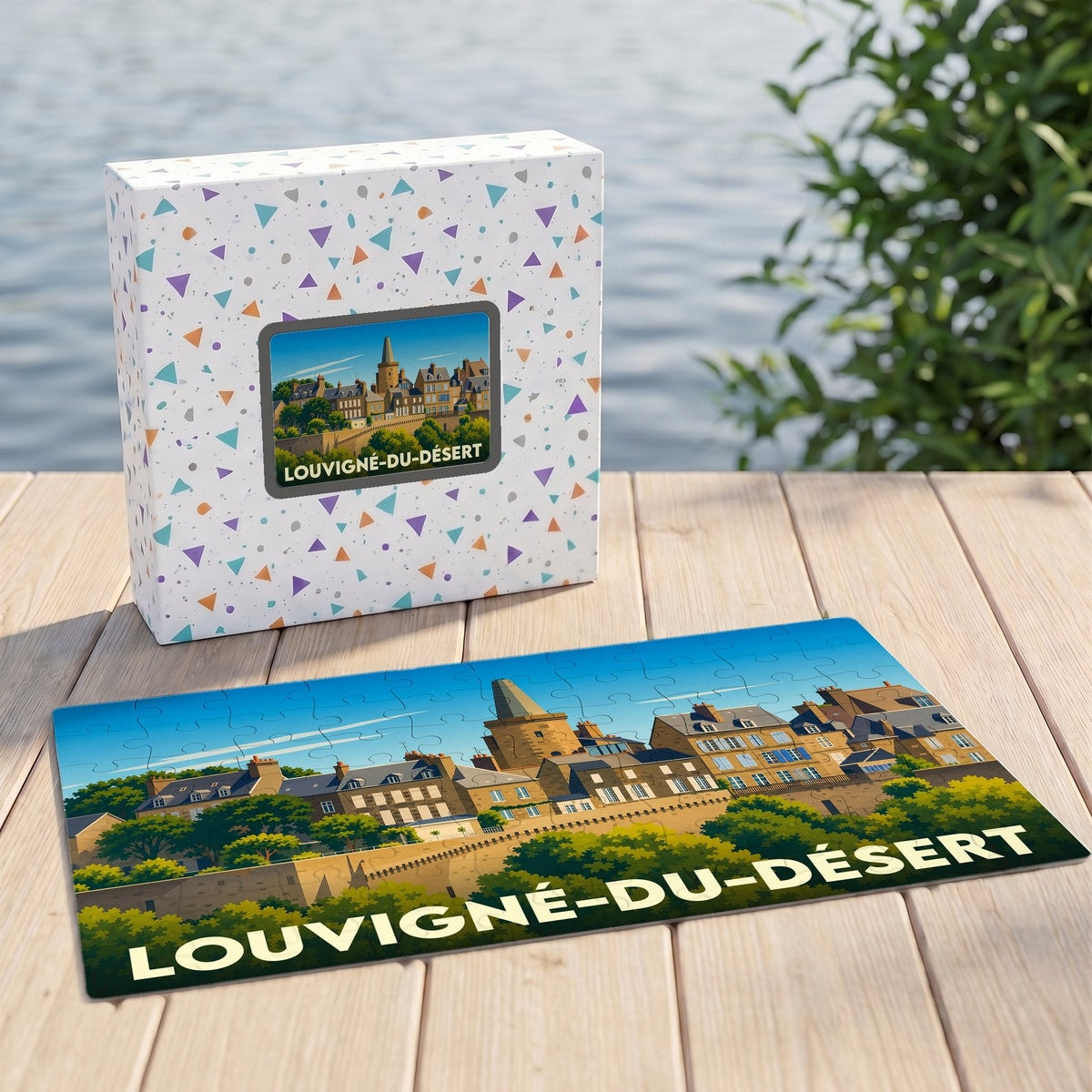 Puzzle souvenir de la ville de Louvigné-du-Désert avec une illustration stylisée et sa boîte assortie.
