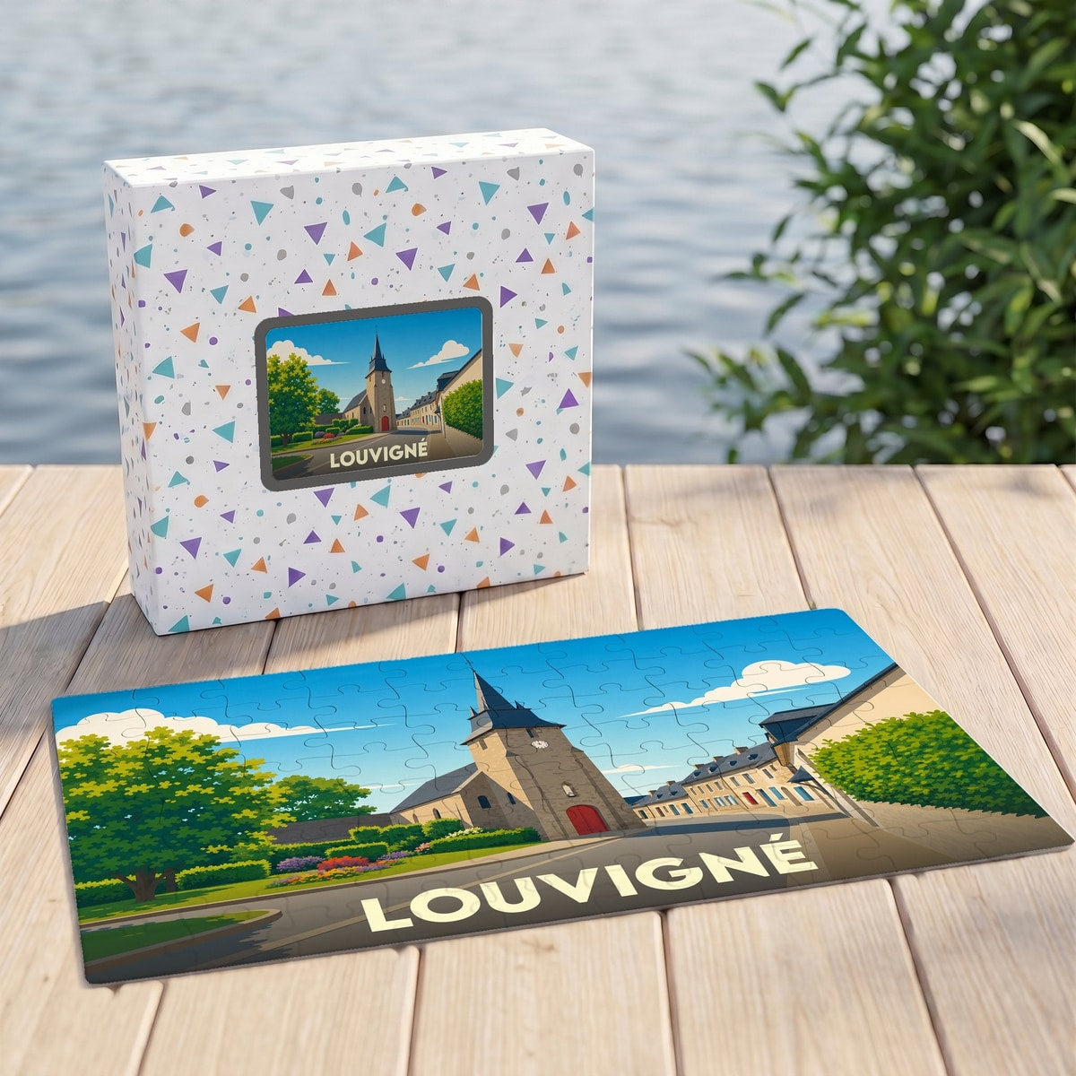 Puzzle souvenir de la ville de Louvigné avec une illustration stylisée et colorée.