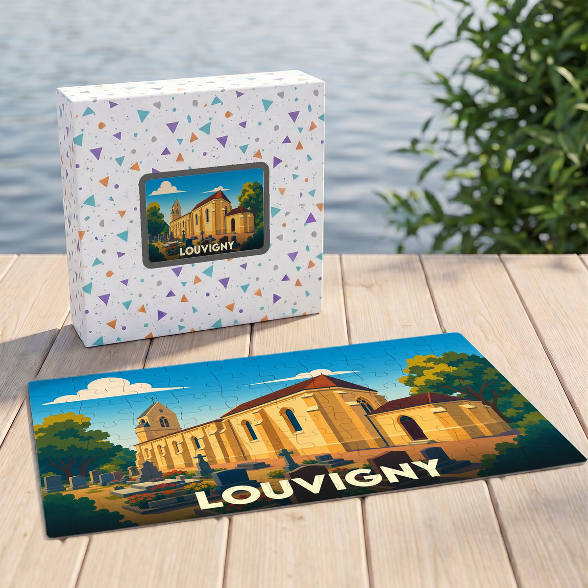 Puzzle souvenir de la ville de Louvigny avec une illustration stylisée de son église.