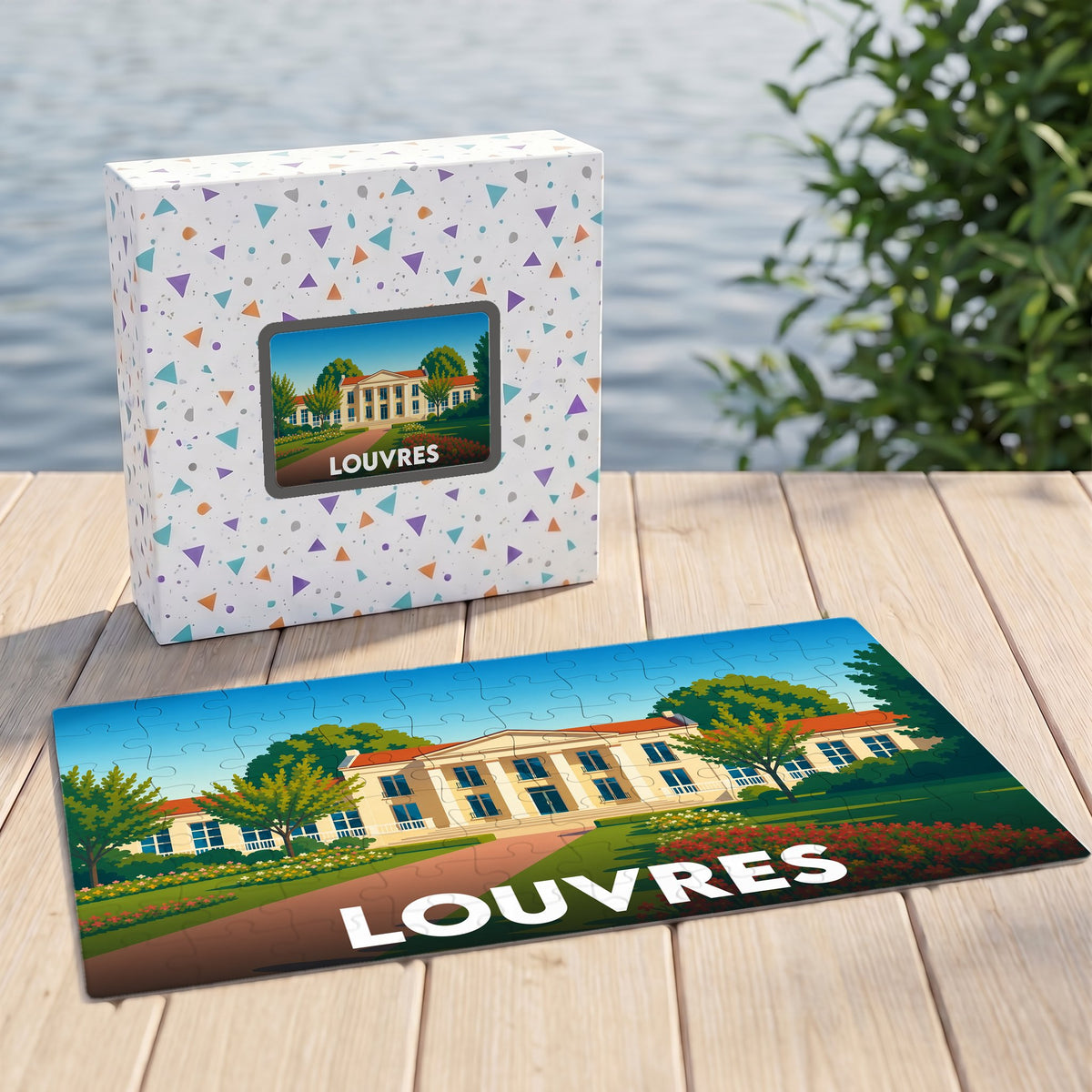 Puzzle souvenir de la ville de Louvres avec une illustration stylisée de son patrimoine.