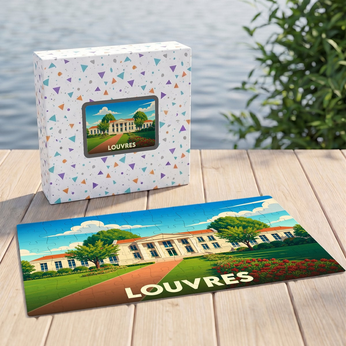 Puzzle souvenir de la ville de Louvres avec une illustration stylisée d'un bâtiment remarquable.