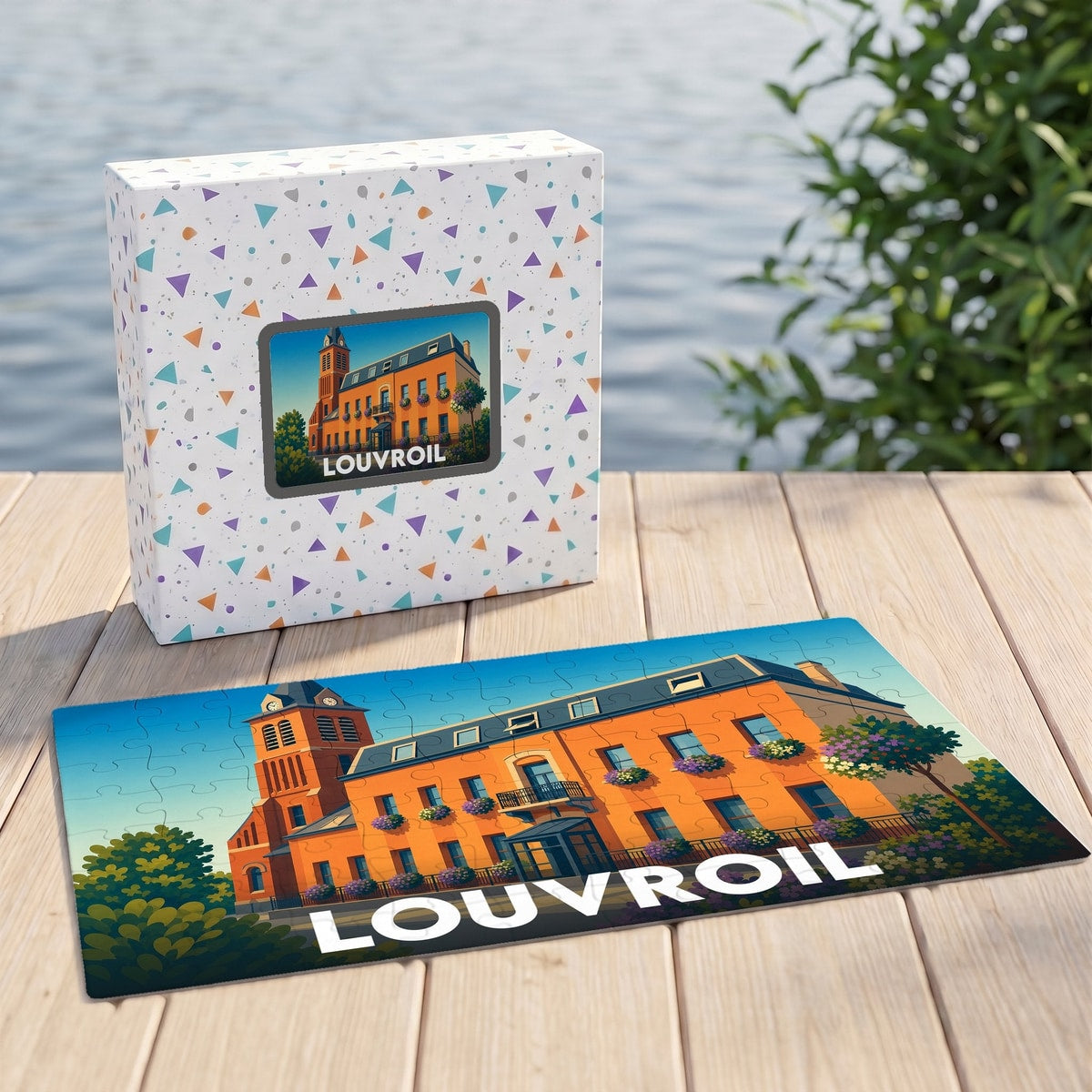 Puzzle souvenir de la ville de Louvroil présentant une illustration stylisée d'un bâtiment emblématique.