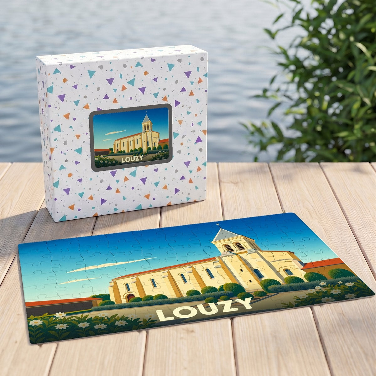Puzzle souvenir de la ville de Louzy avec une illustration stylisée de son église dans sa boîte assortie.