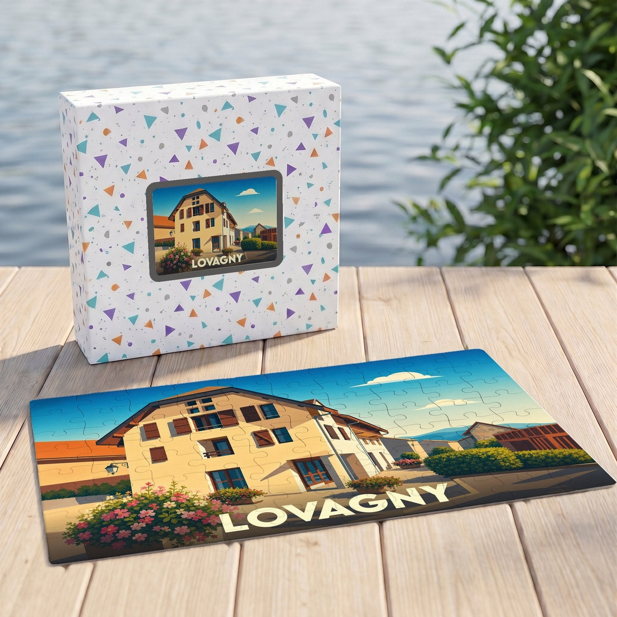 Puzzle souvenir de la ville de Lovagny avec une illustration stylisée et colorée.