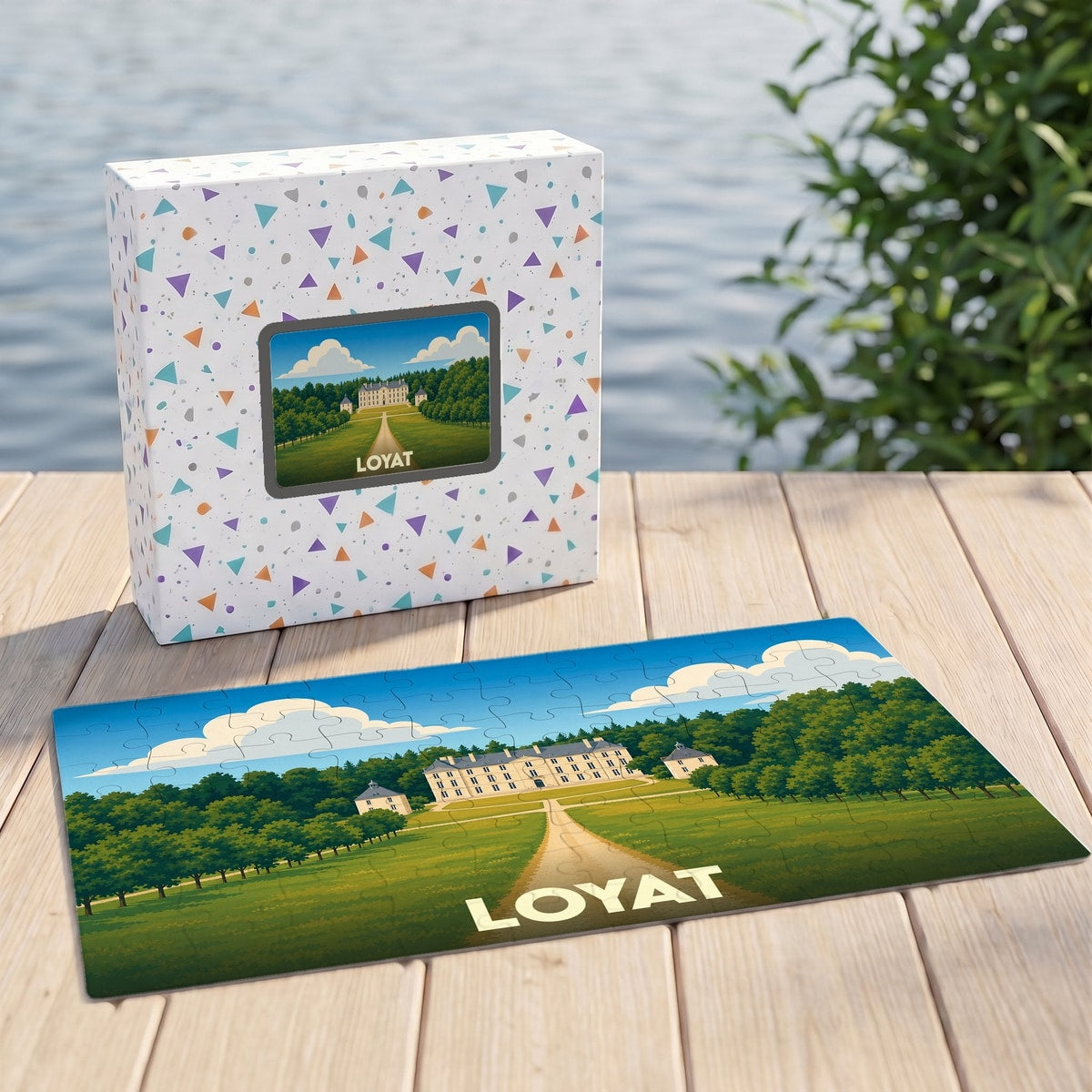 Puzzle souvenir de la ville de Loyat avec une illustration stylisée de son château.