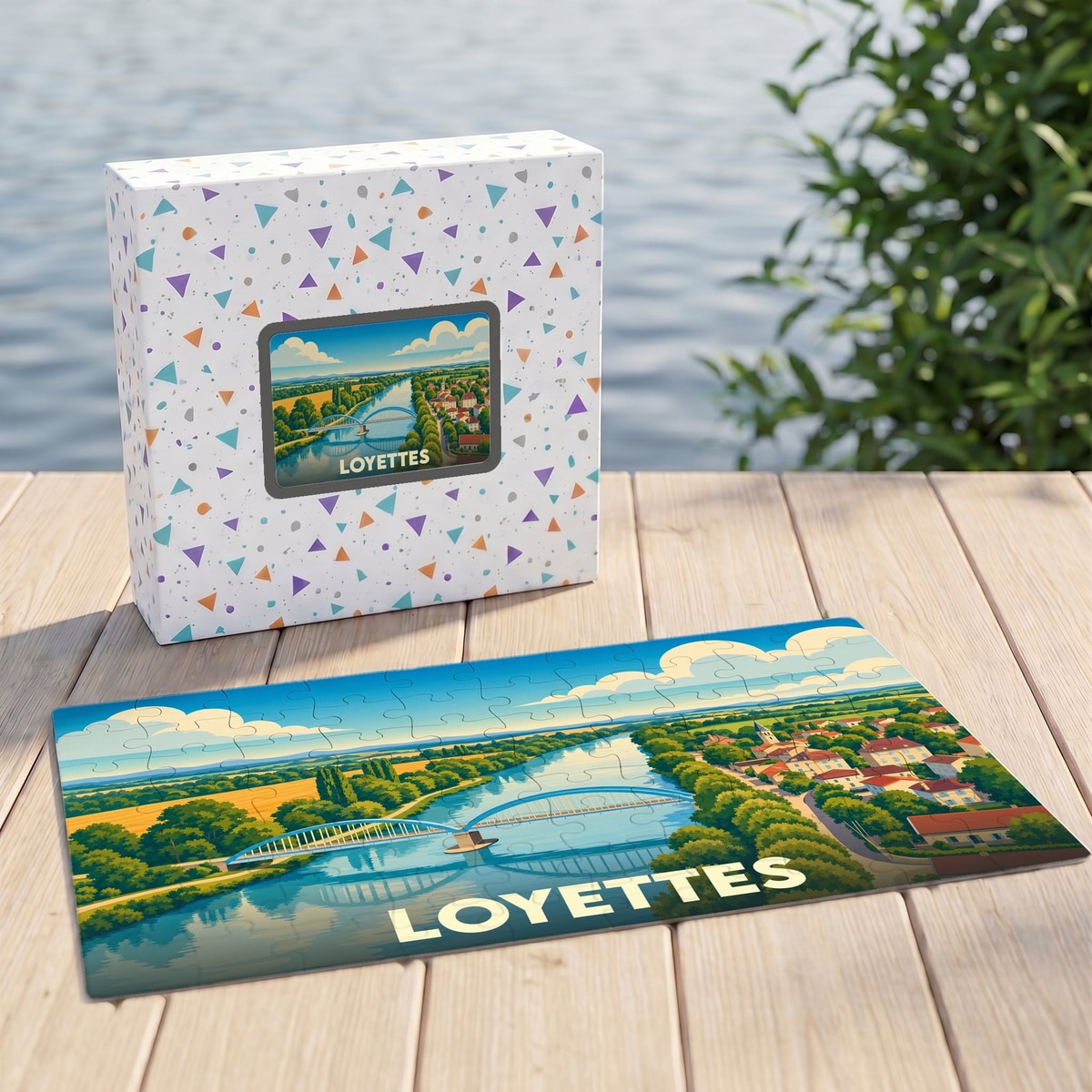 Puzzle souvenir de la ville de Loyettes illustré d'un paysage stylisé de rivière et de pont.