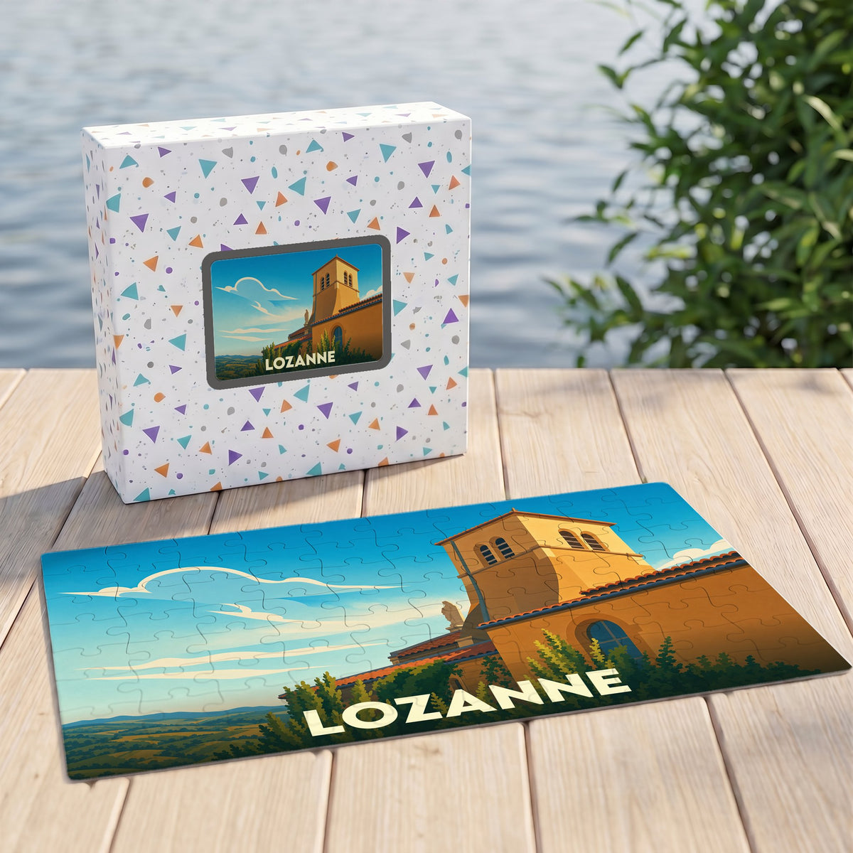 Puzzle souvenir de la ville de Lozanne avec une illustration stylisée d'un bâtiment historique sous un ciel bleu.