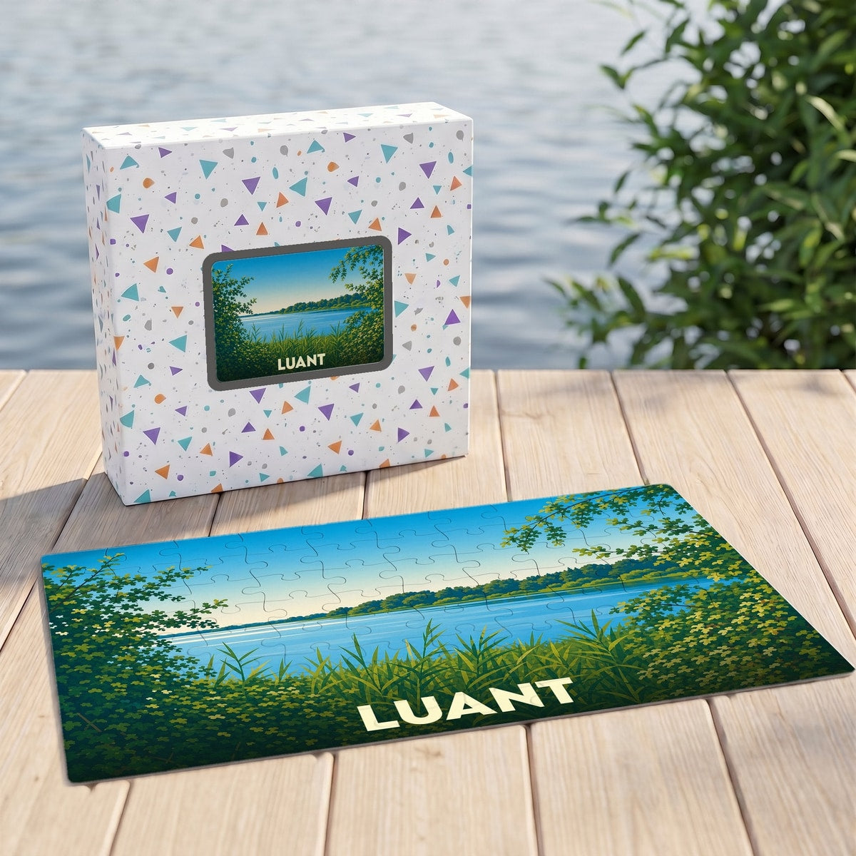 Puzzle souvenir de la ville de Luant illustrant un paysage de lac avec une végétation verdoyante.