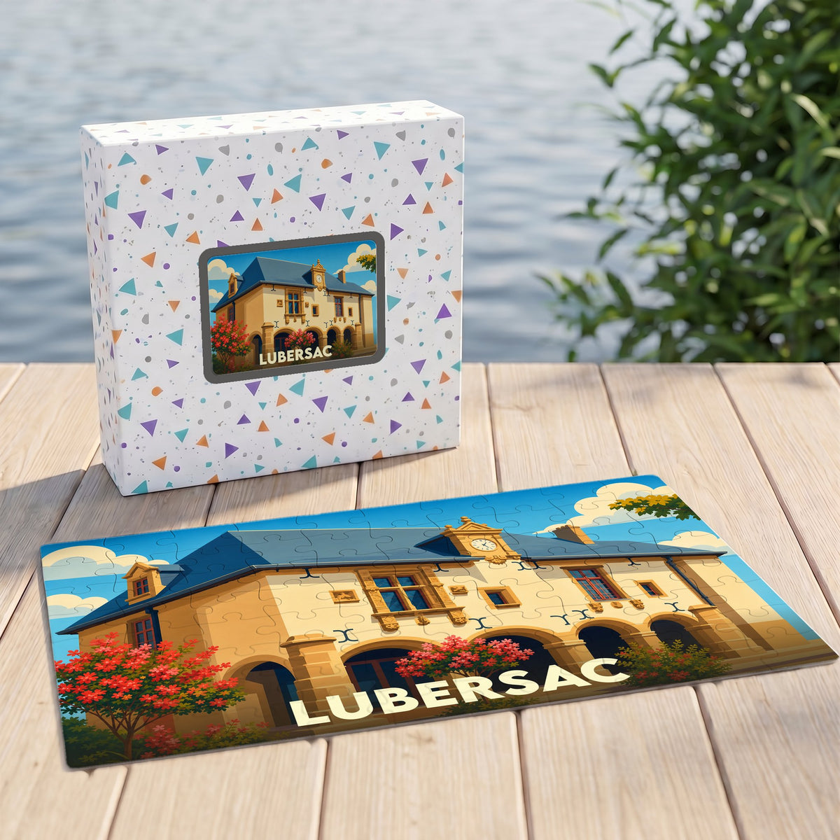 Puzzle souvenir de la ville de Lubersac illustrant un bâtiment historique avec une architecture typique.