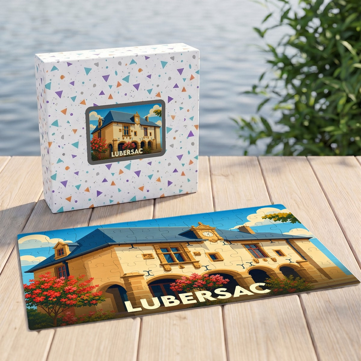 Puzzle souvenir de la ville de Lubersac illustrant un bâtiment historique avec une architecture typique.