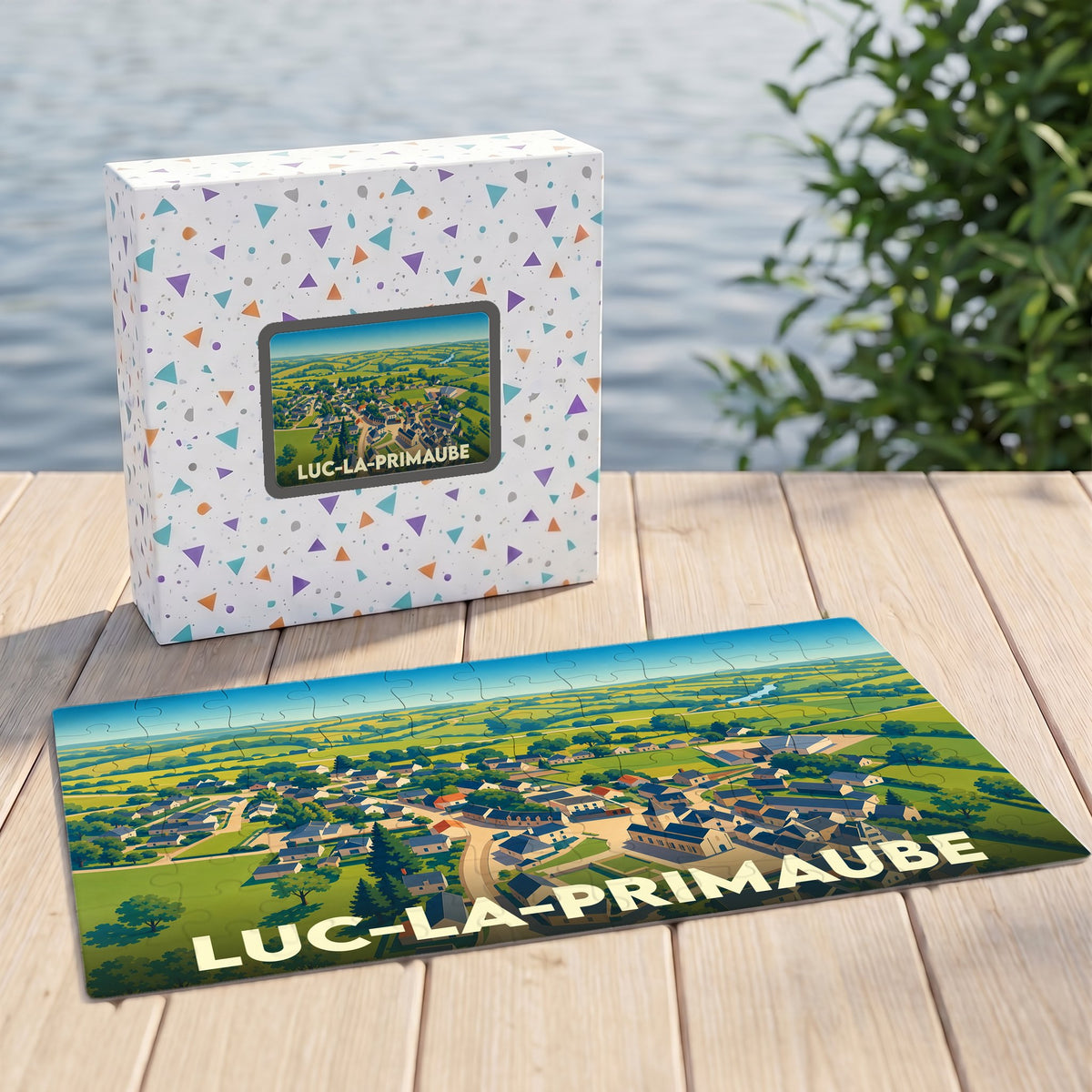 Puzzle souvenir de la ville de Luc-la-Primaube avec une illustration stylisée d'une vue aérienne.