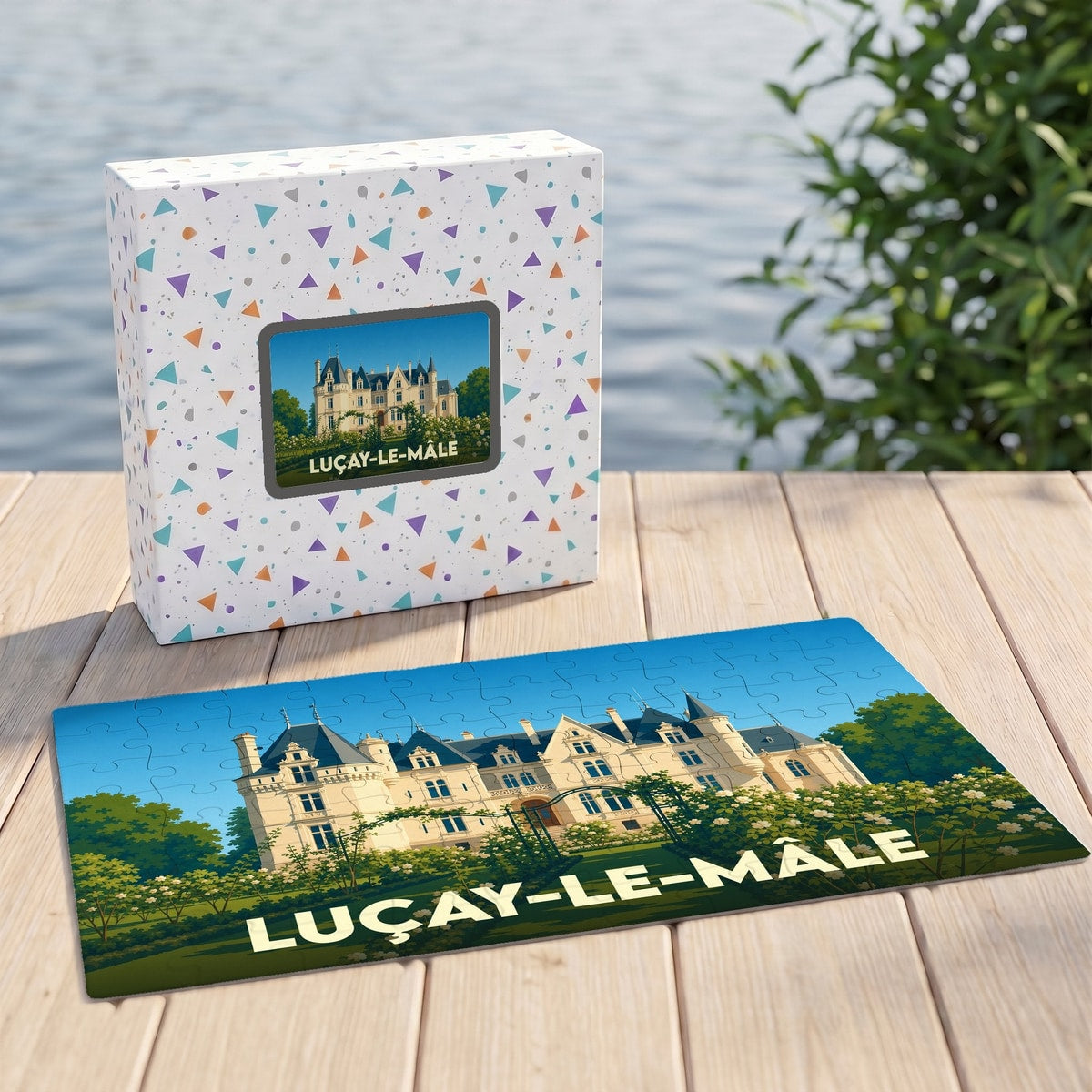 Puzzle souvenir de la ville de Luçay-le-Mâle avec une illustration stylisée du château local.
