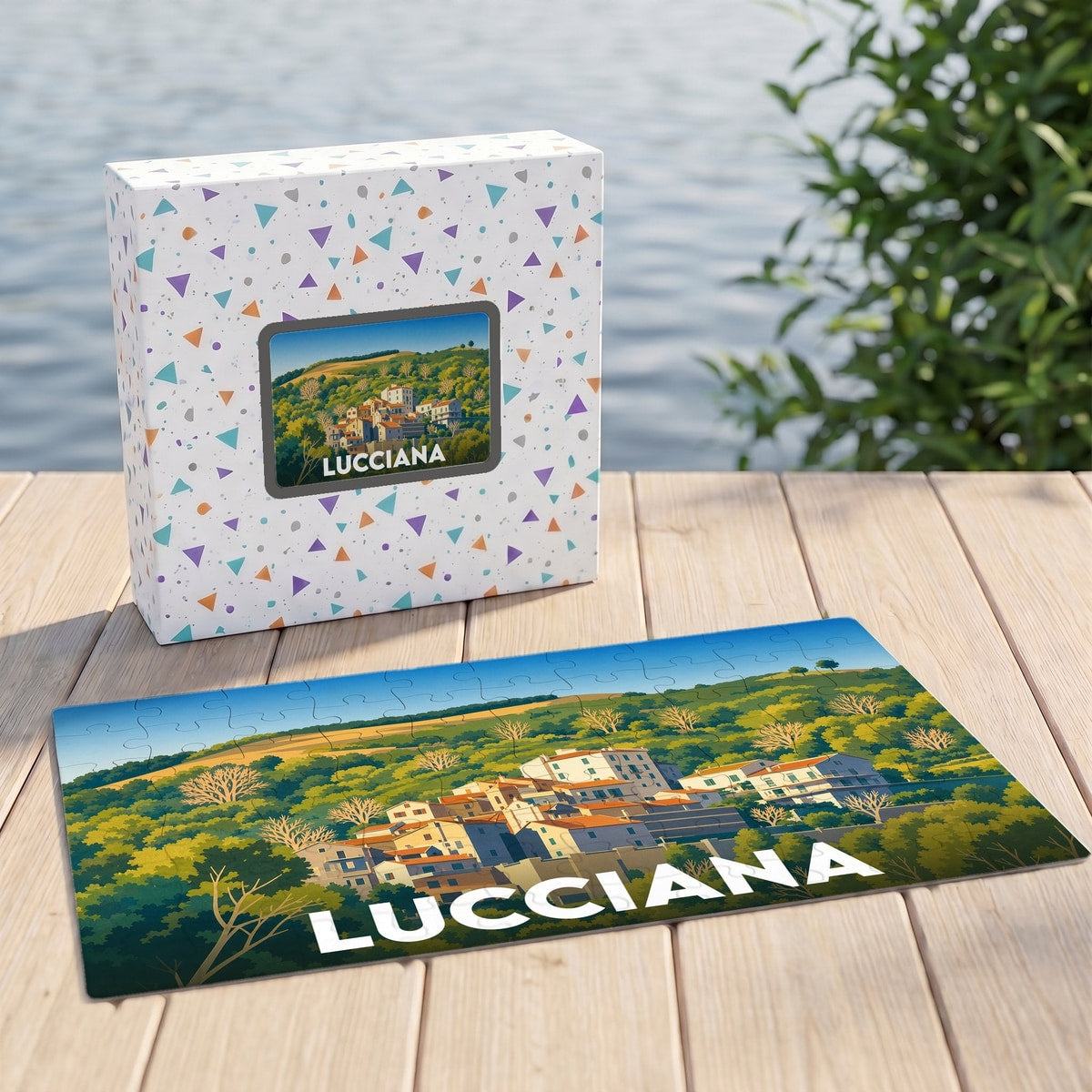 Puzzle souvenir de la ville de Lucciana avec une illustration stylisée de son paysage vallonné.