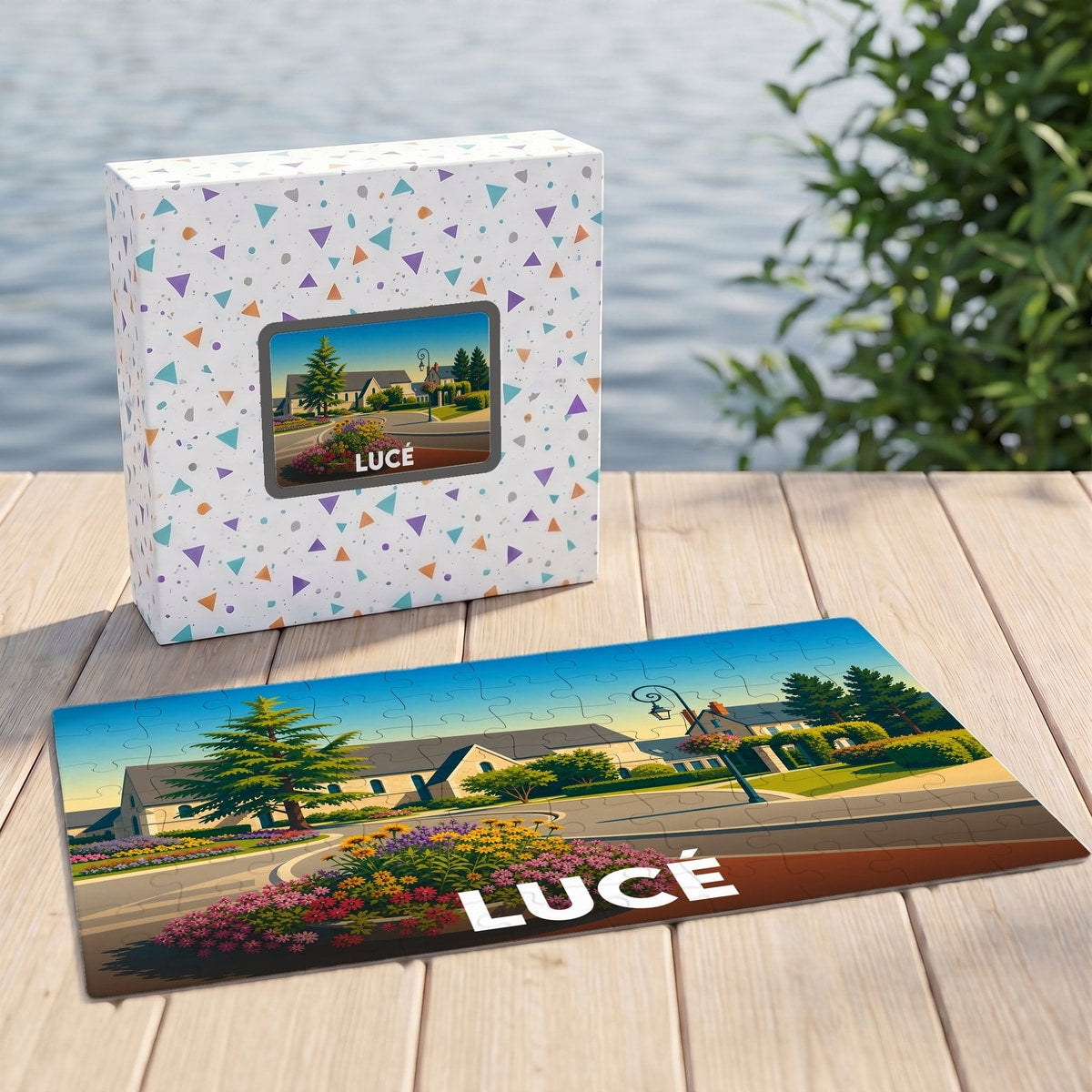 Puzzle souvenir de la ville de Lucé avec une illustration colorée et stylisée.