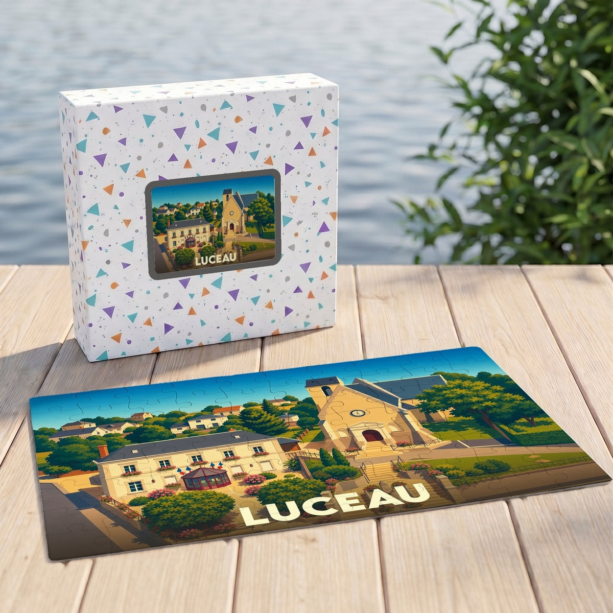 Puzzle souvenir de la ville de Luceau avec une illustration stylisée.