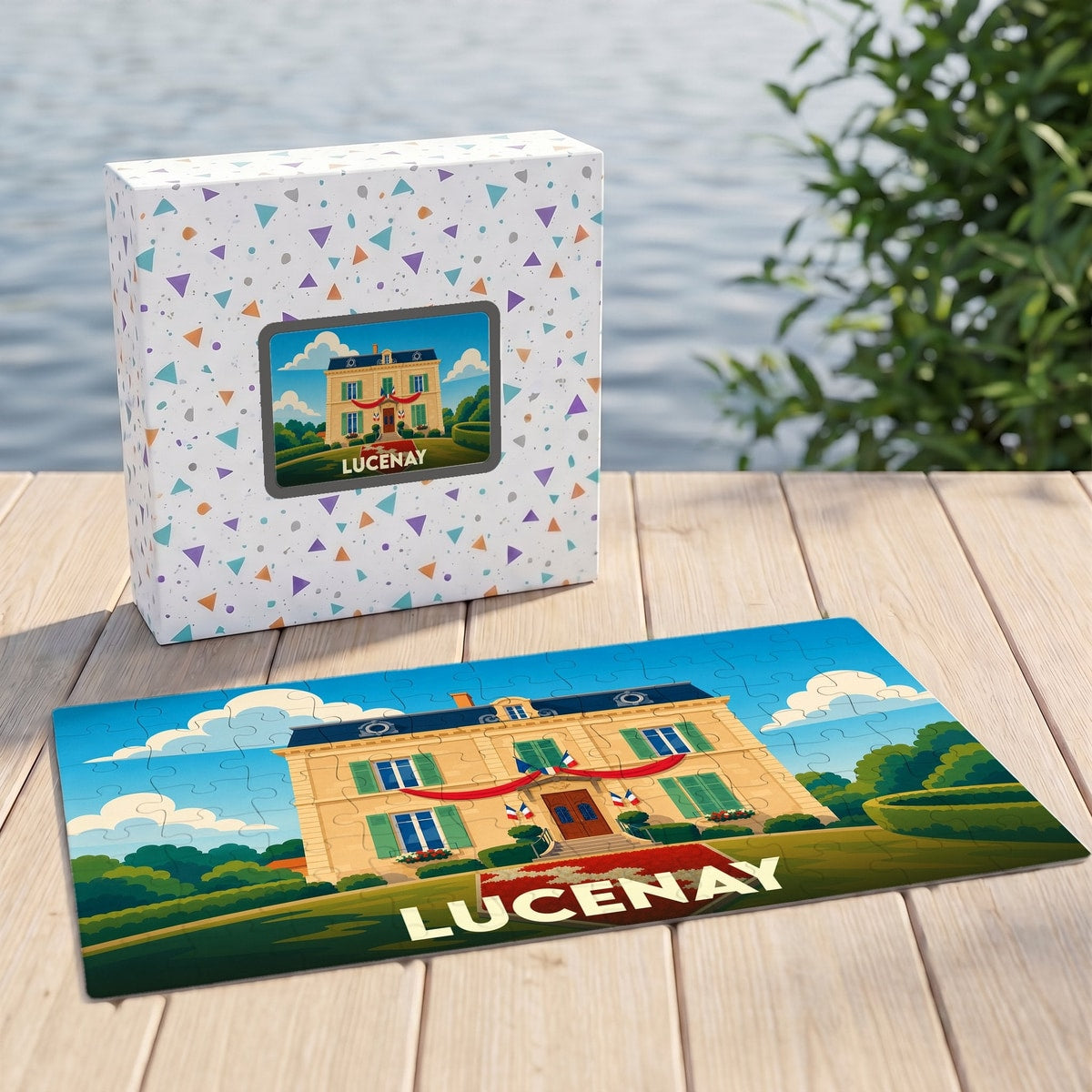 Puzzle souvenir de la ville de Lucenay présentant une illustration colorée de son château.