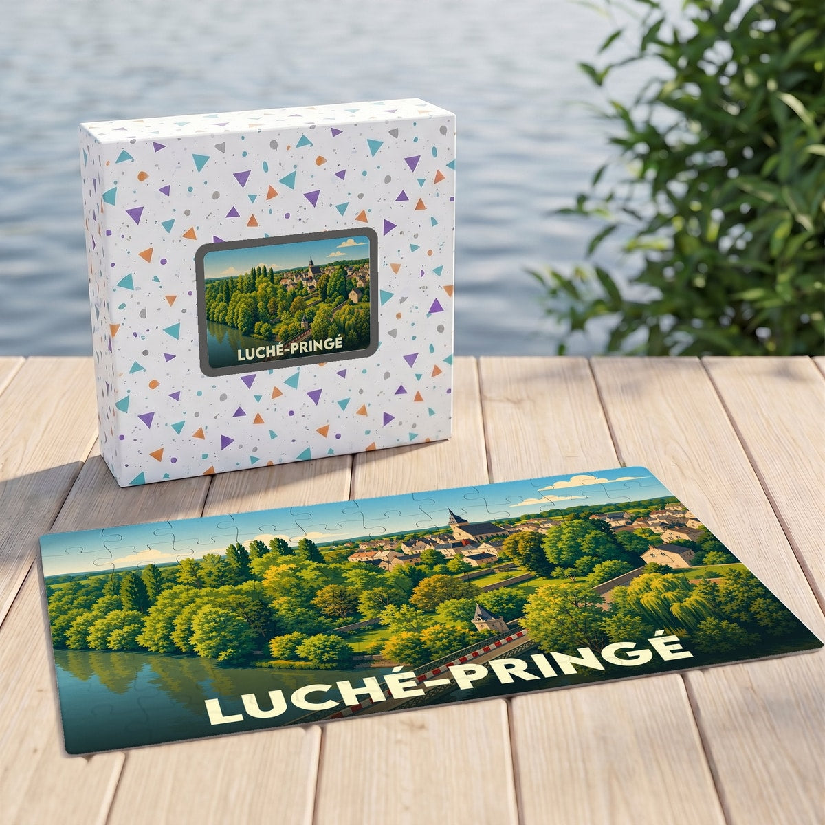 Puzzle souvenir de la ville de Luché-Pringé avec une illustration paysagère stylisée.