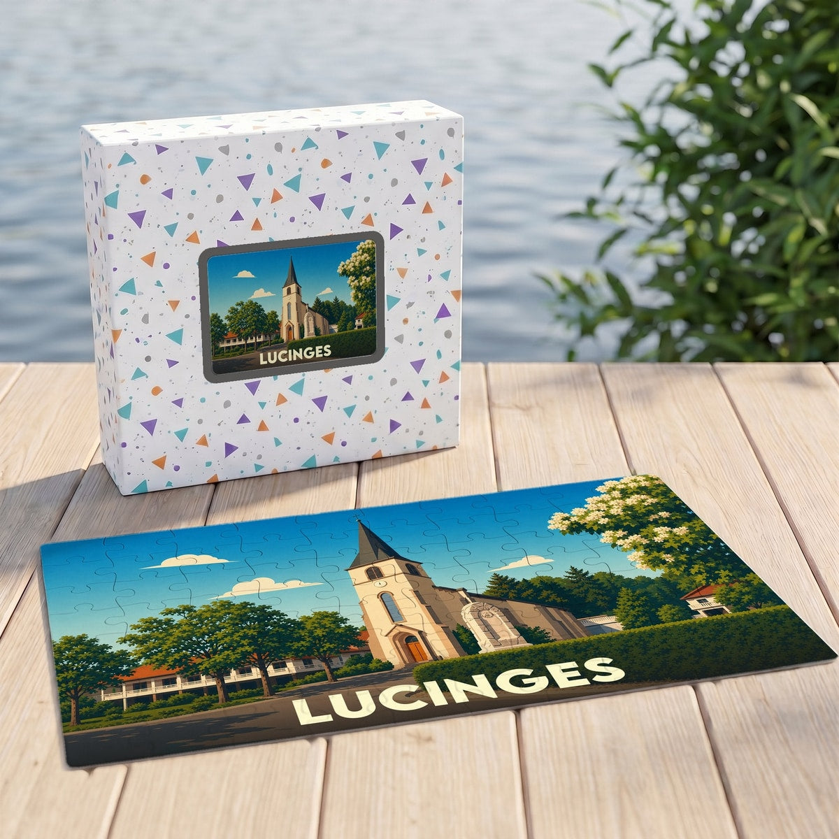 Puzzle souvenir de la ville de Lucinges avec une illustration stylisée d'une église sous un ciel bleu.