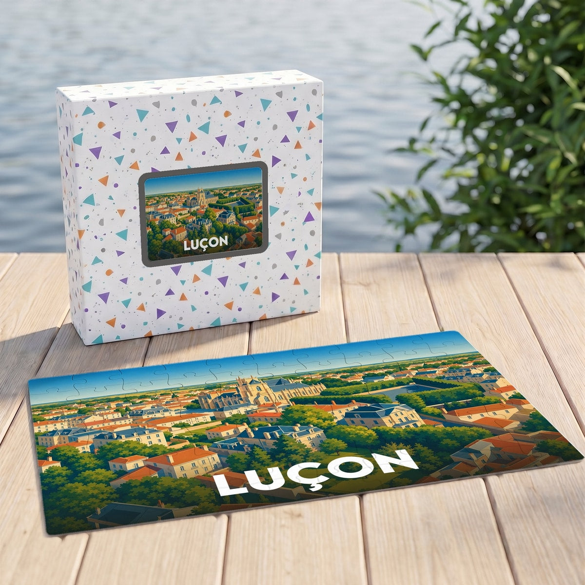 Puzzle souvenir de la ville de Luçon avec une illustration stylisée et colorée.