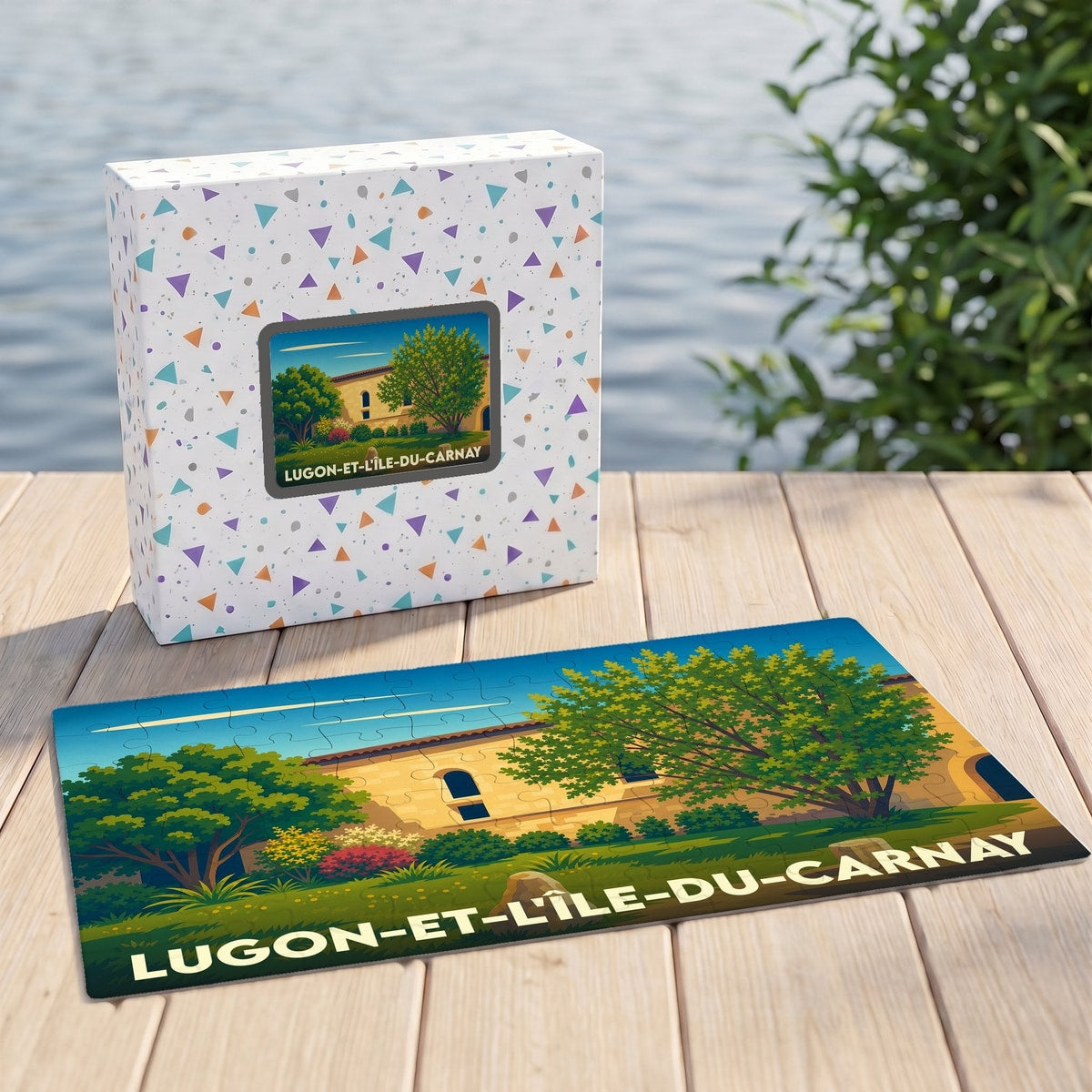 Puzzle souvenir de la ville de Lugon-et-l'Île-du-Carnay avec une illustration stylisée d'un bâtiment en pierre et son jardin.
