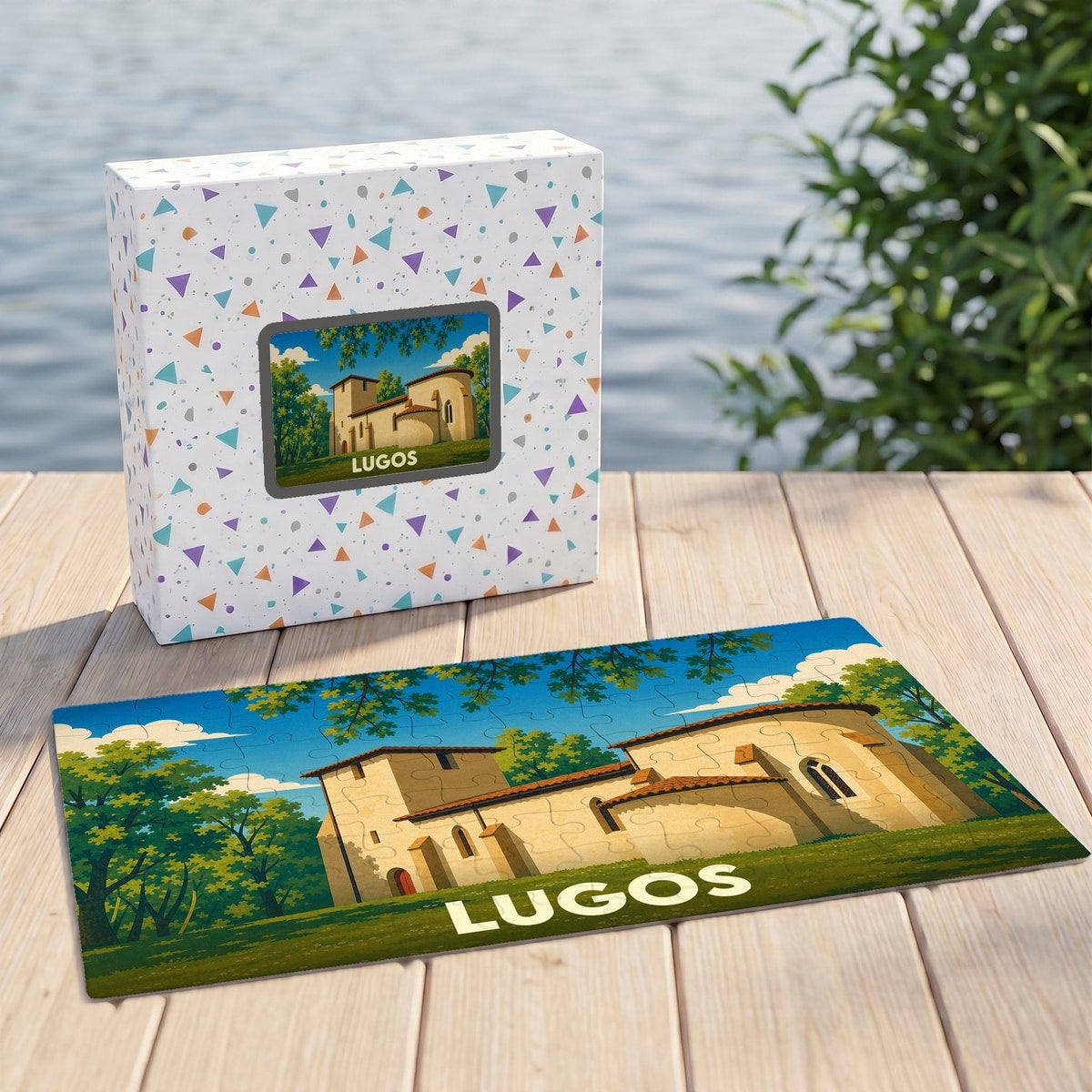 Puzzle souvenir de la ville de Lugos illustrant son église avec un style graphique épuré.