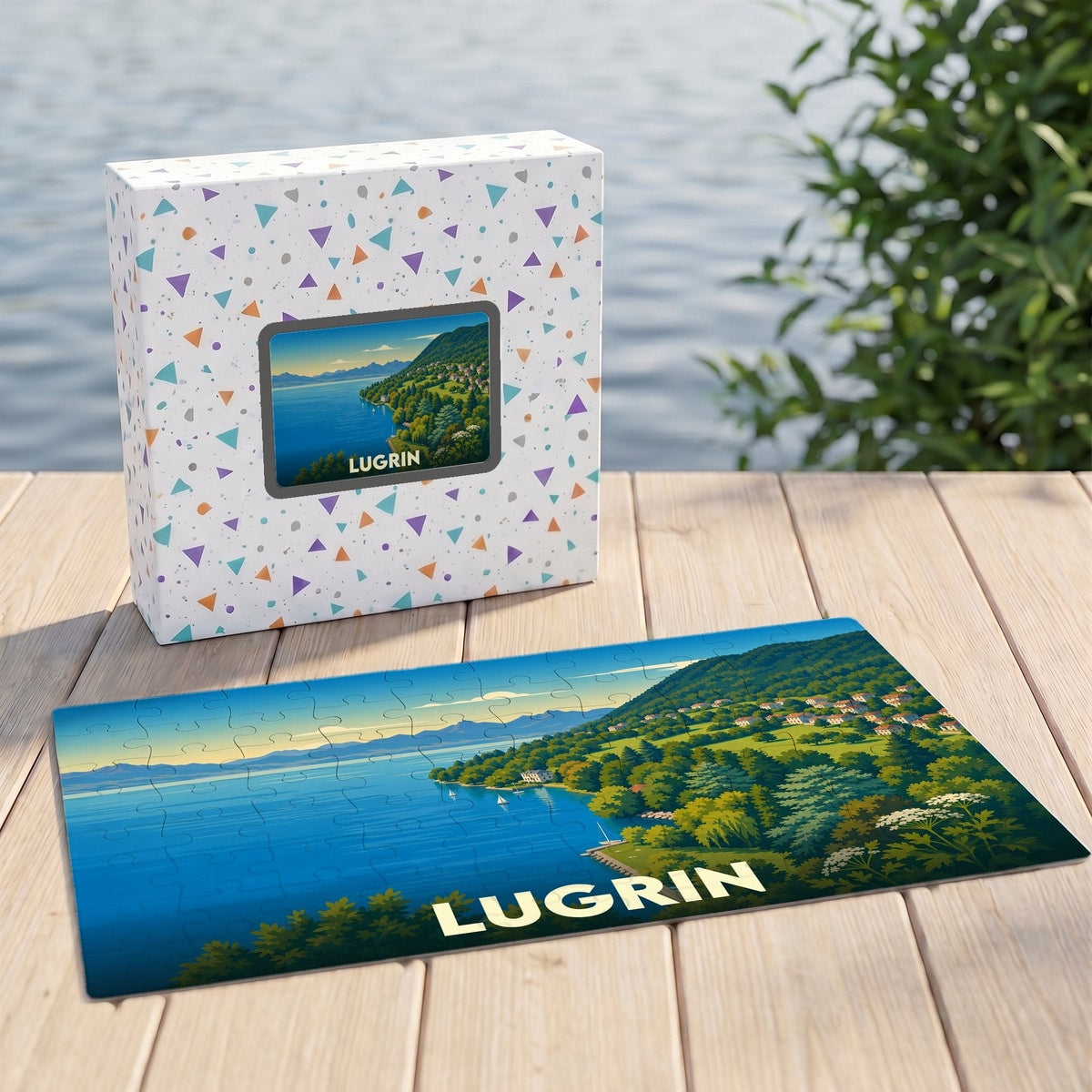 Puzzle souvenir de la ville de Lugrin avec une illustration stylisée du lac Léman et de ses montagnes.