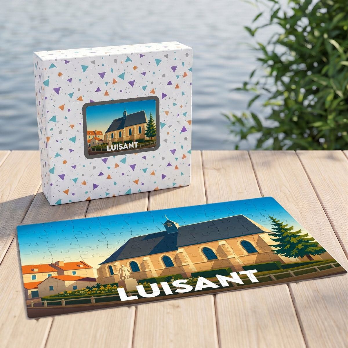 Puzzle souvenir de la ville de Luisant avec une illustration stylisée de son église.