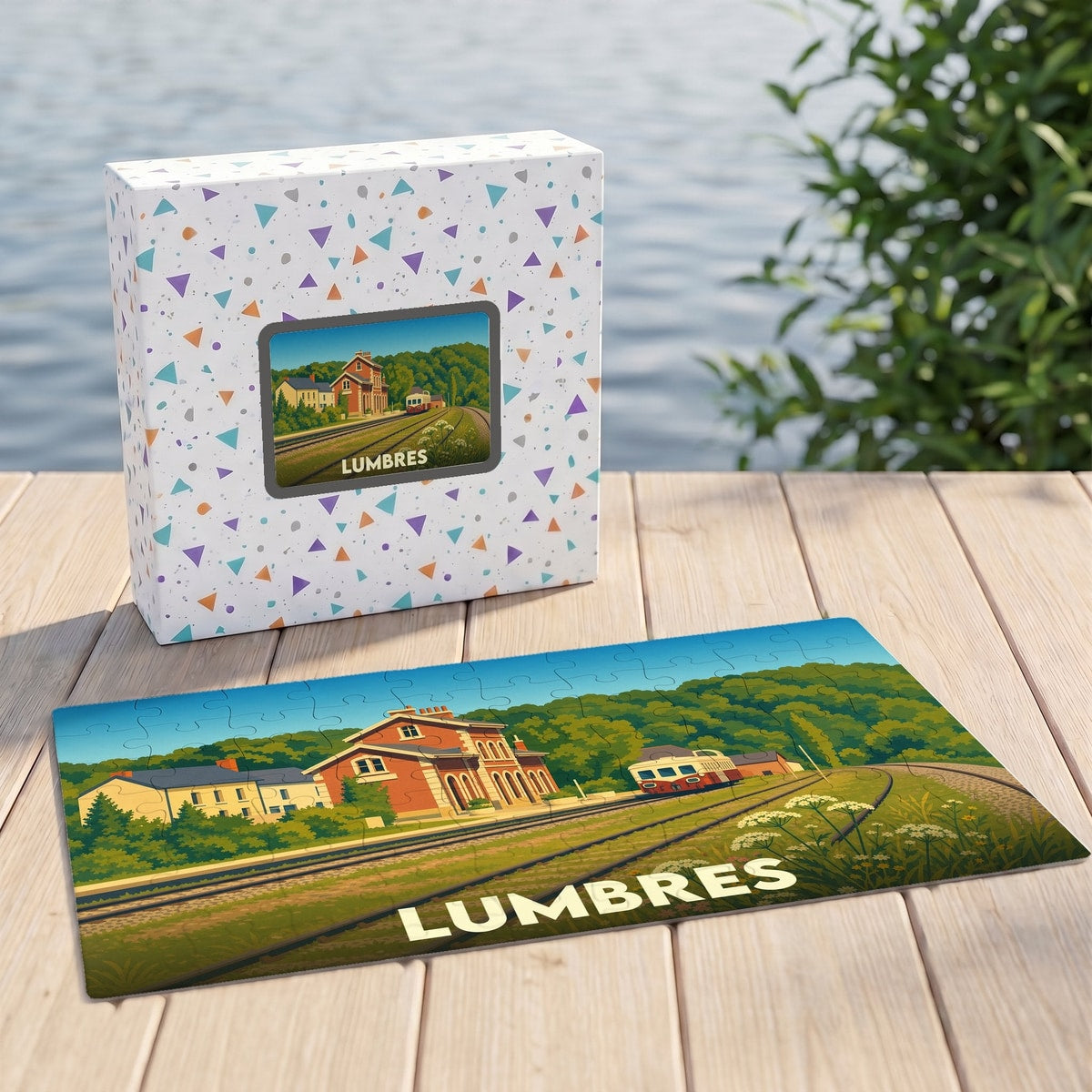Puzzle souvenir de la ville de Lumbres avec une illustration stylisée d'une gare et de son train.